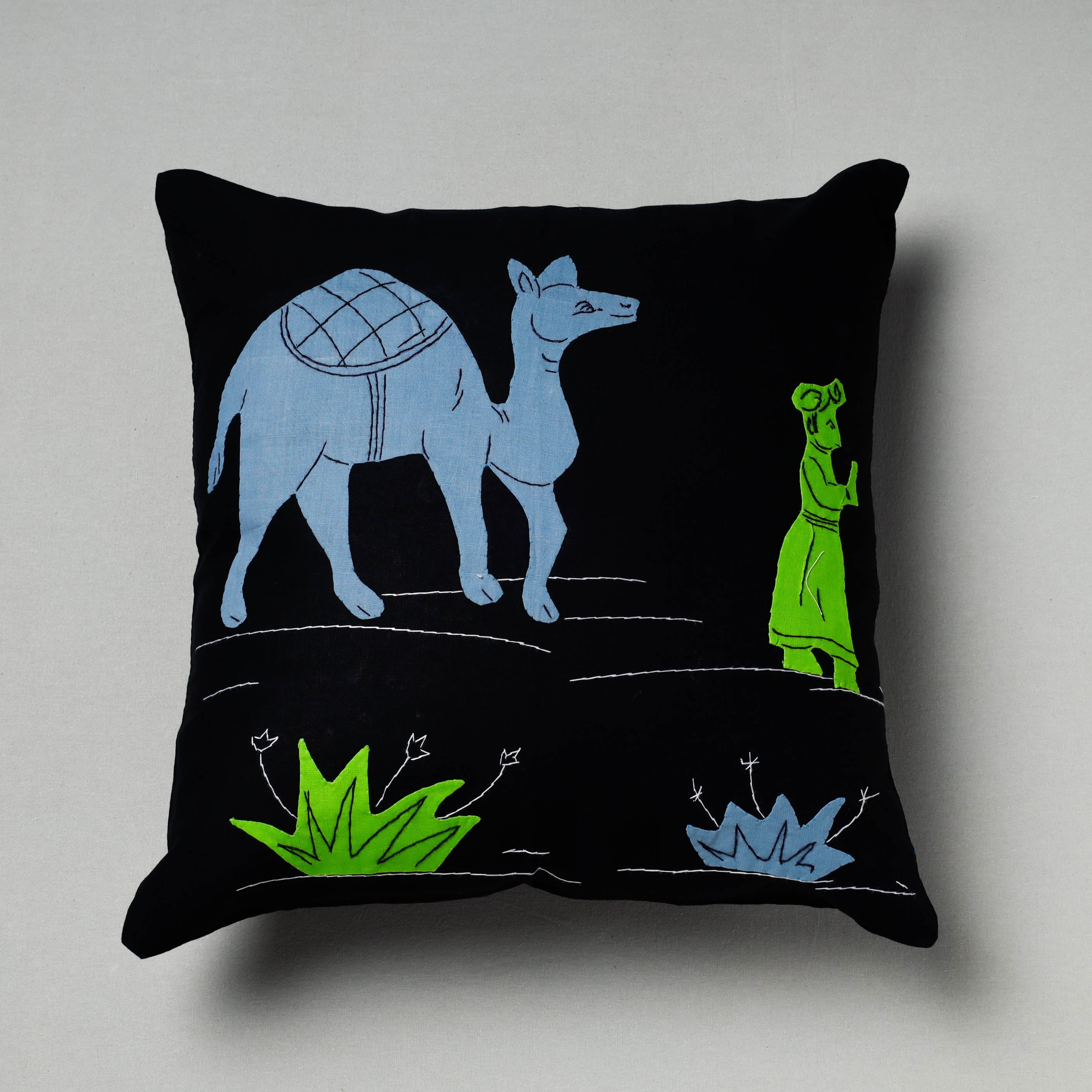 ASHOKA ASSEMBLE - CELEBRATING CRAFTS OF ODISHA Black - Pipli Applique Work Cotton Cushion Cover (16 x 16 in)