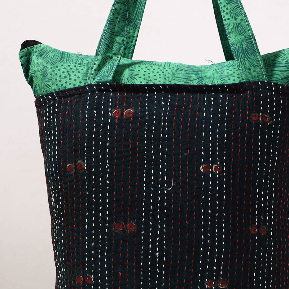 ARTISAN HAND BLOCK PRINTS Black - Kantha Work Block Print Cotton Shopping Bag - view 2