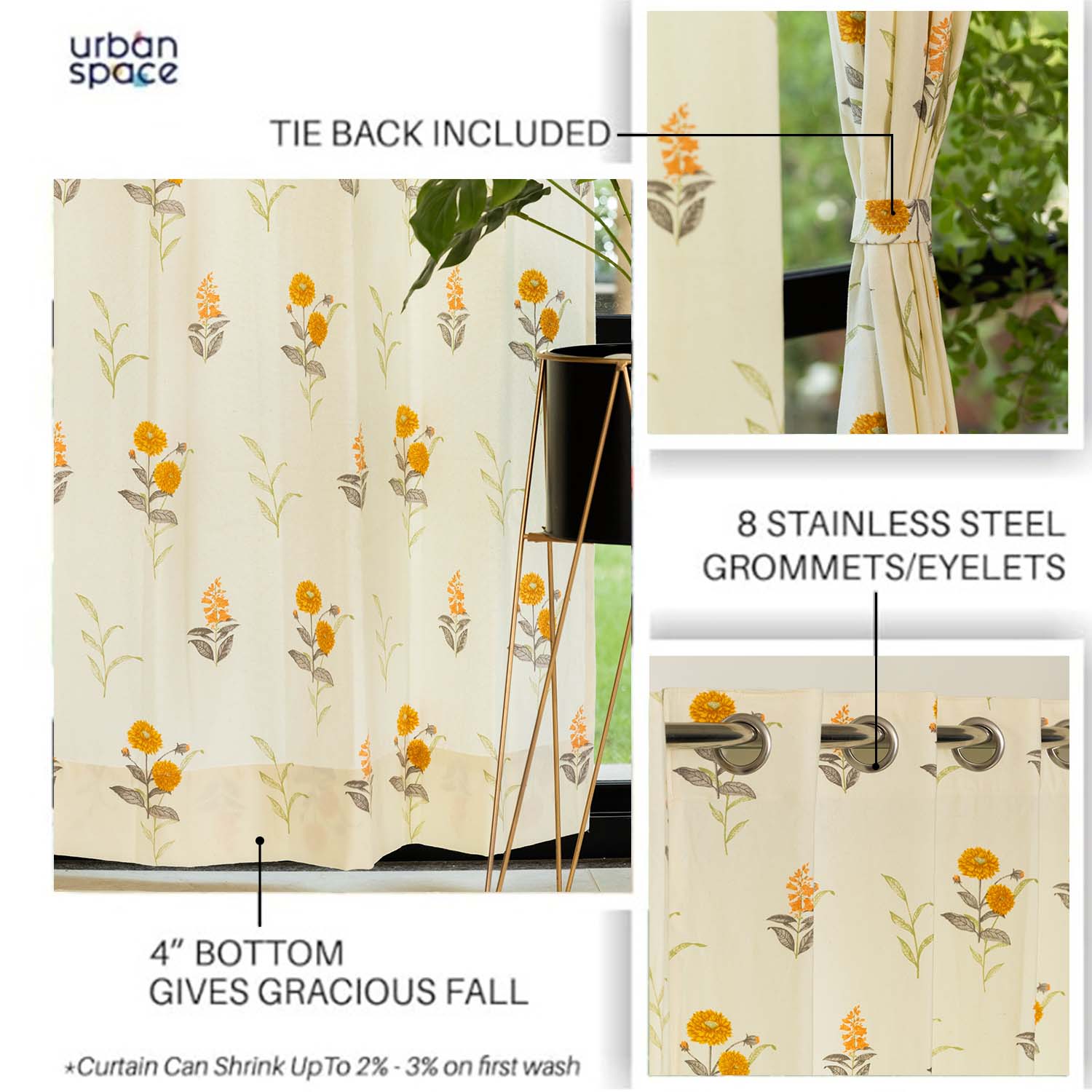 Urban Space -Home Furnishing Store 100% Cotton Curtains for Living Room, Bedroom curtains - Pack of 2 curtains, Cotton Coneflower - Yellow - view 2