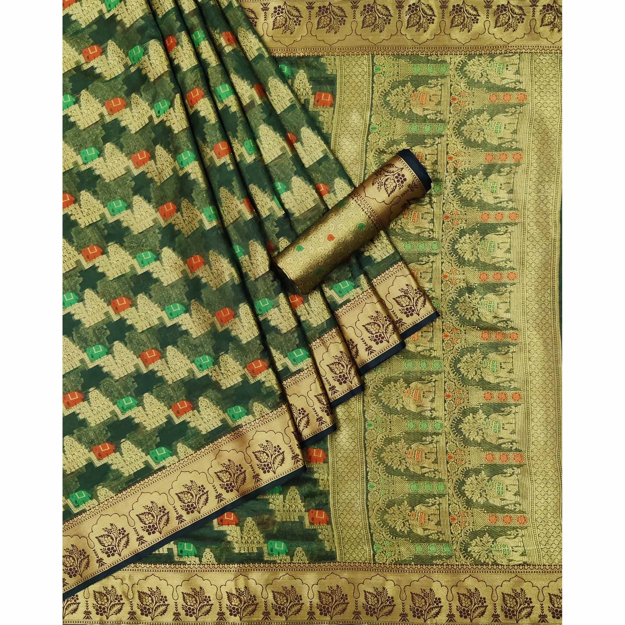 Peachmode Dark Green Woven Organza Saree – Women's - view 3