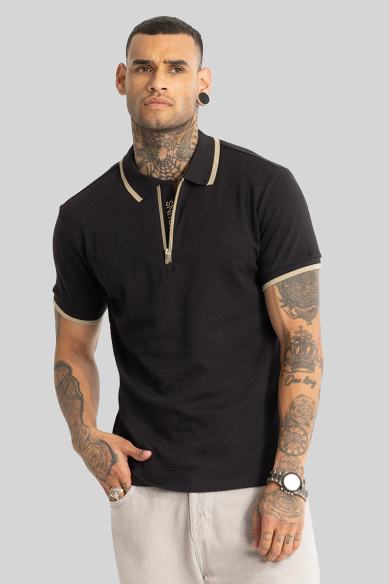 SNITCH Black Zipper Polo T-Shirt