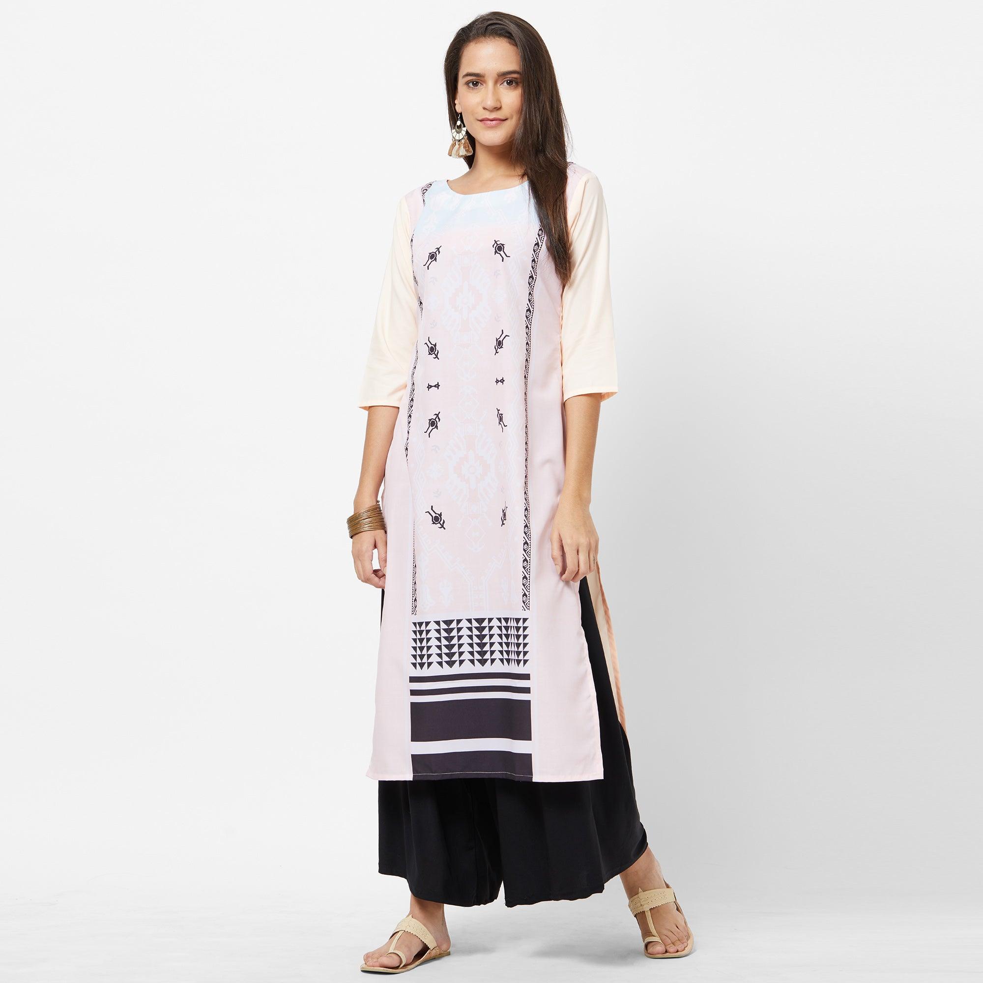 Peachmode Majesty Light Pink Colored Casual Printed Crepe Kurti