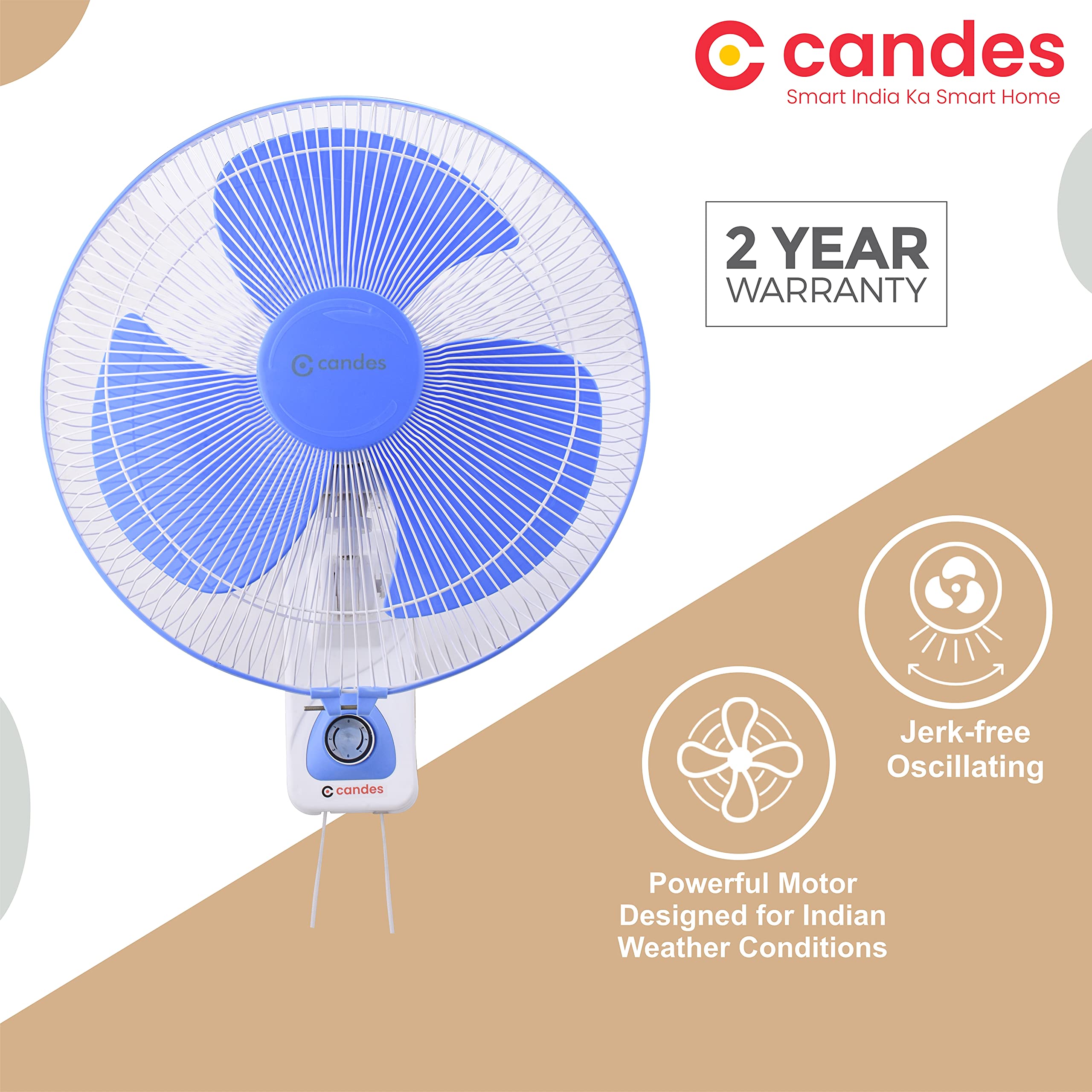 Candes Aura 3 Blade Automatic Oscillation Wall Fan With 2 Year Warranty (White Blue, 400mm) - view 8