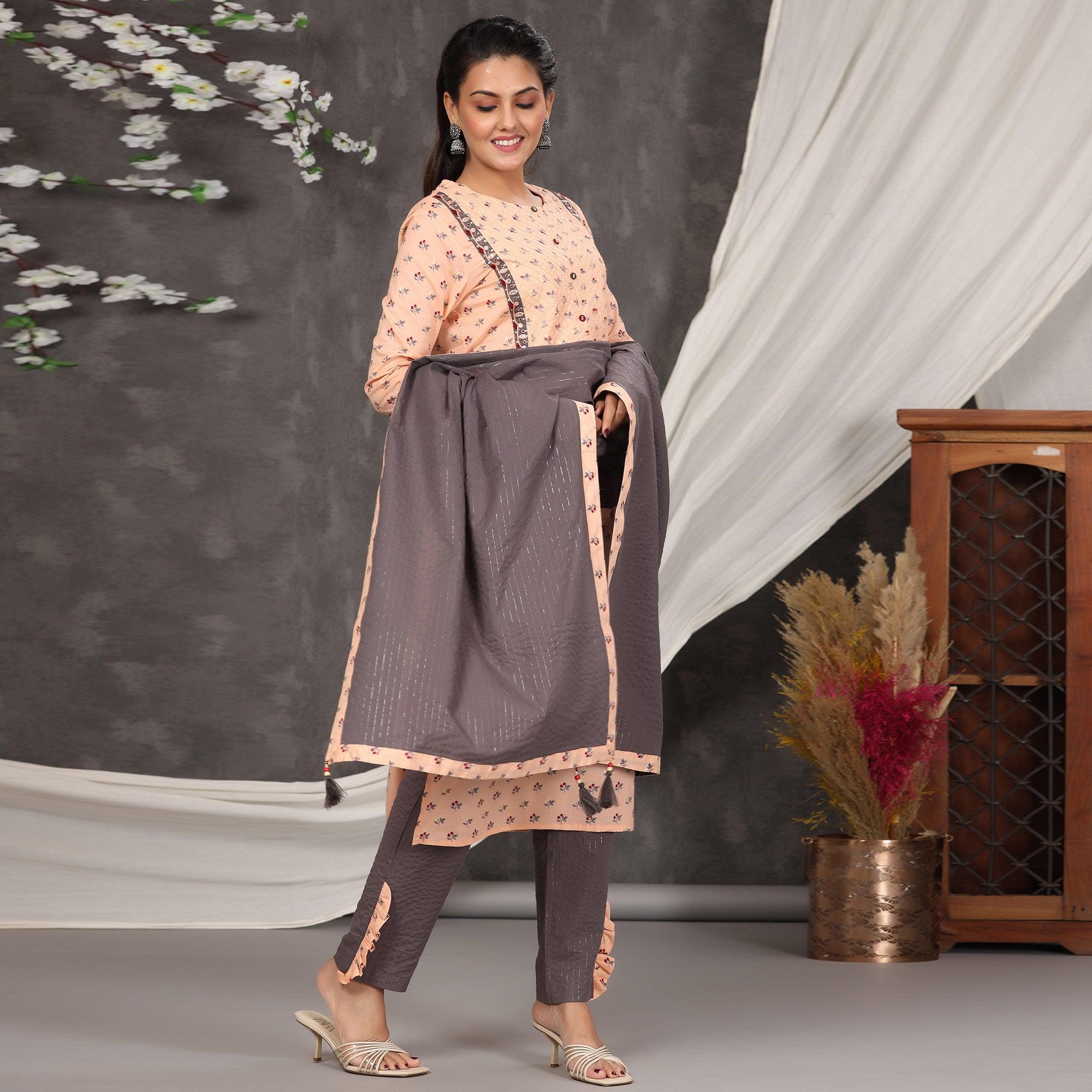 Peachmode Light Peach Casual Wear Printed Cotton Kurti - Pant Set With Dupatta - view 2