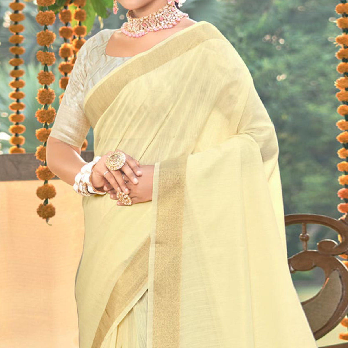 Peachmode Cream Woven Cotton Blend Saree – Women's - view 2