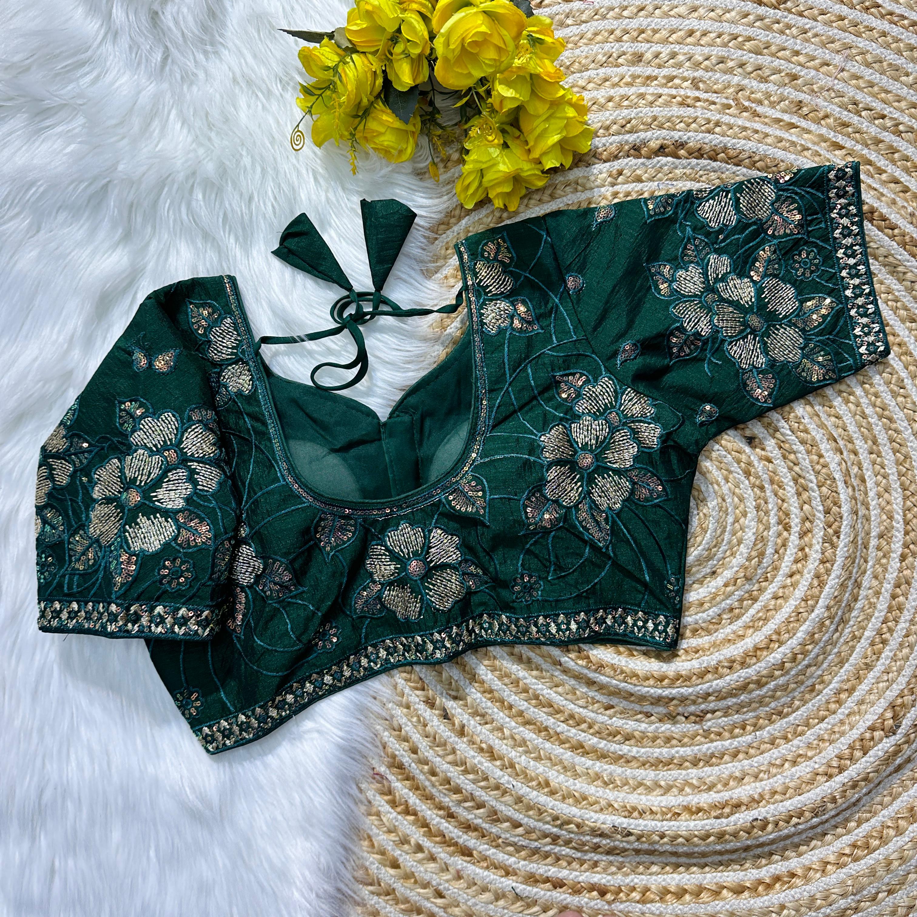 ClothsVilla Dark Green Soft Silk Blouse with Beautiful Embroidery and Sequence Accents