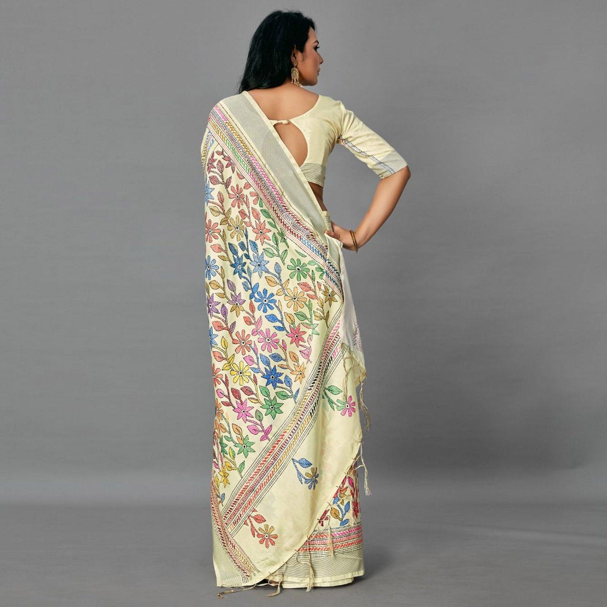 Peachmode Cream Casual Art Silk Printed Saree With Unstitched Blouse - view 3