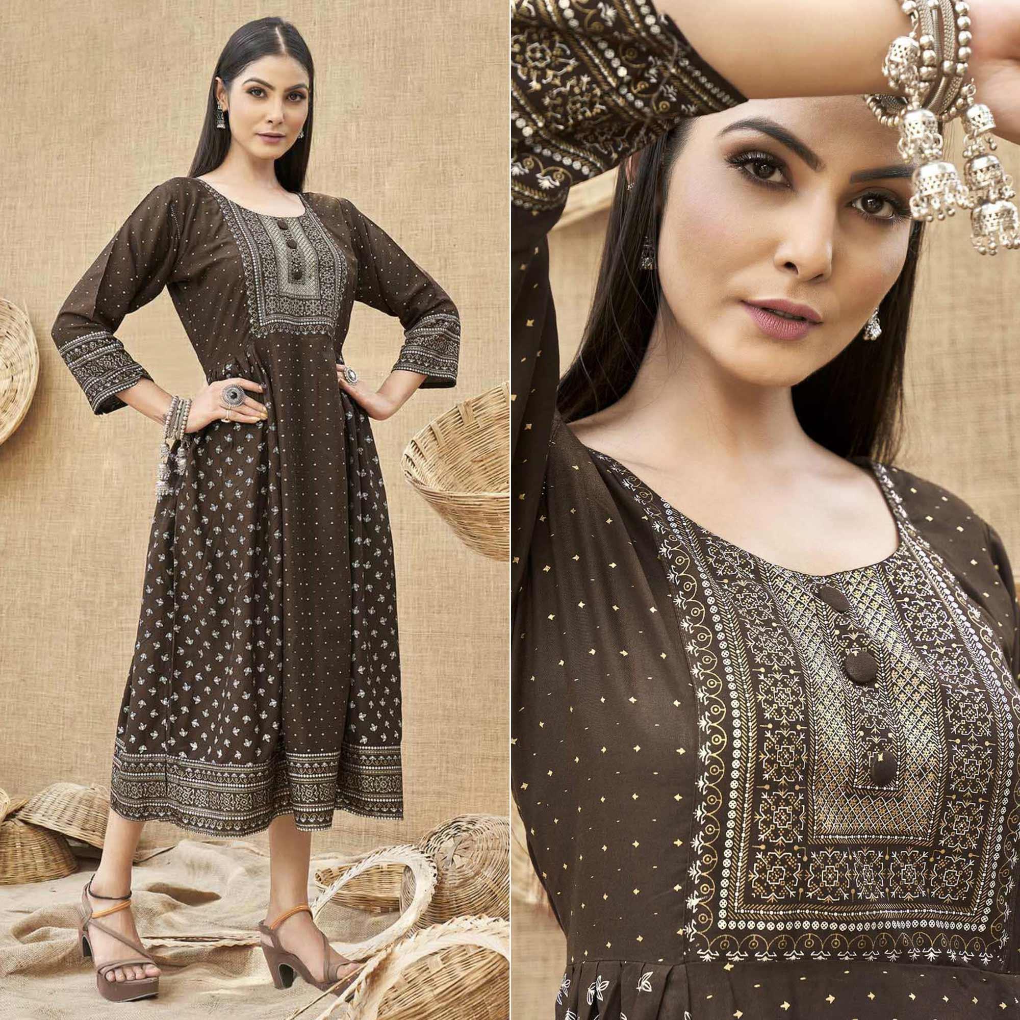 Peachmode Seller Coffee Brown Foil Printed Rayon Kurti