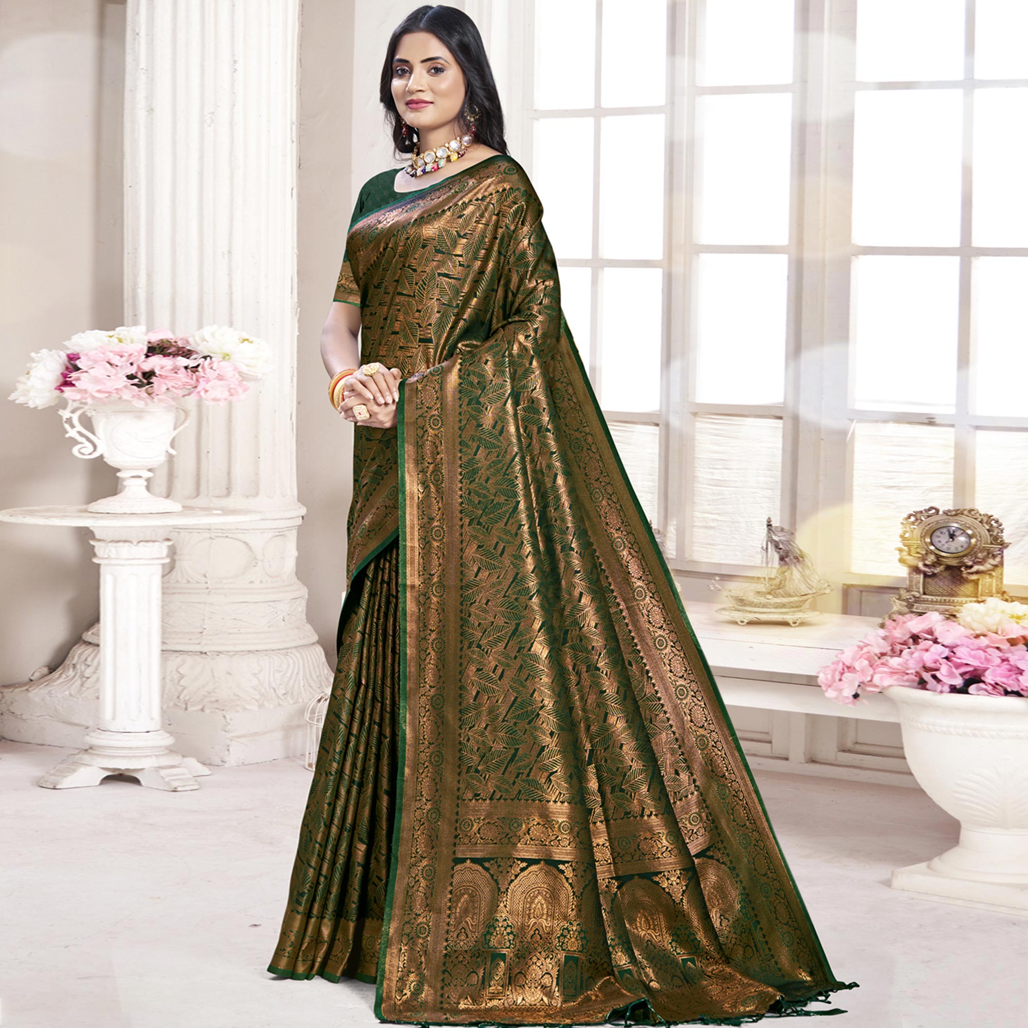 Peachmode Dark Green Woven Banarasi Silk Saree With Tassels
