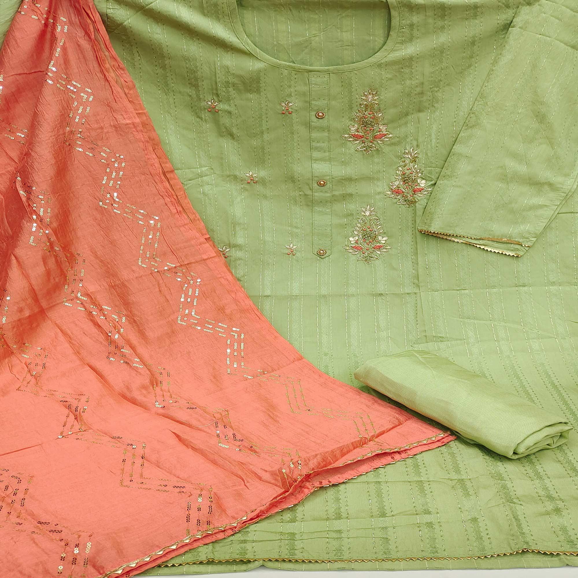Peachmode Light Green Casual Wear Embroidered Cotton Dress Material - view 2