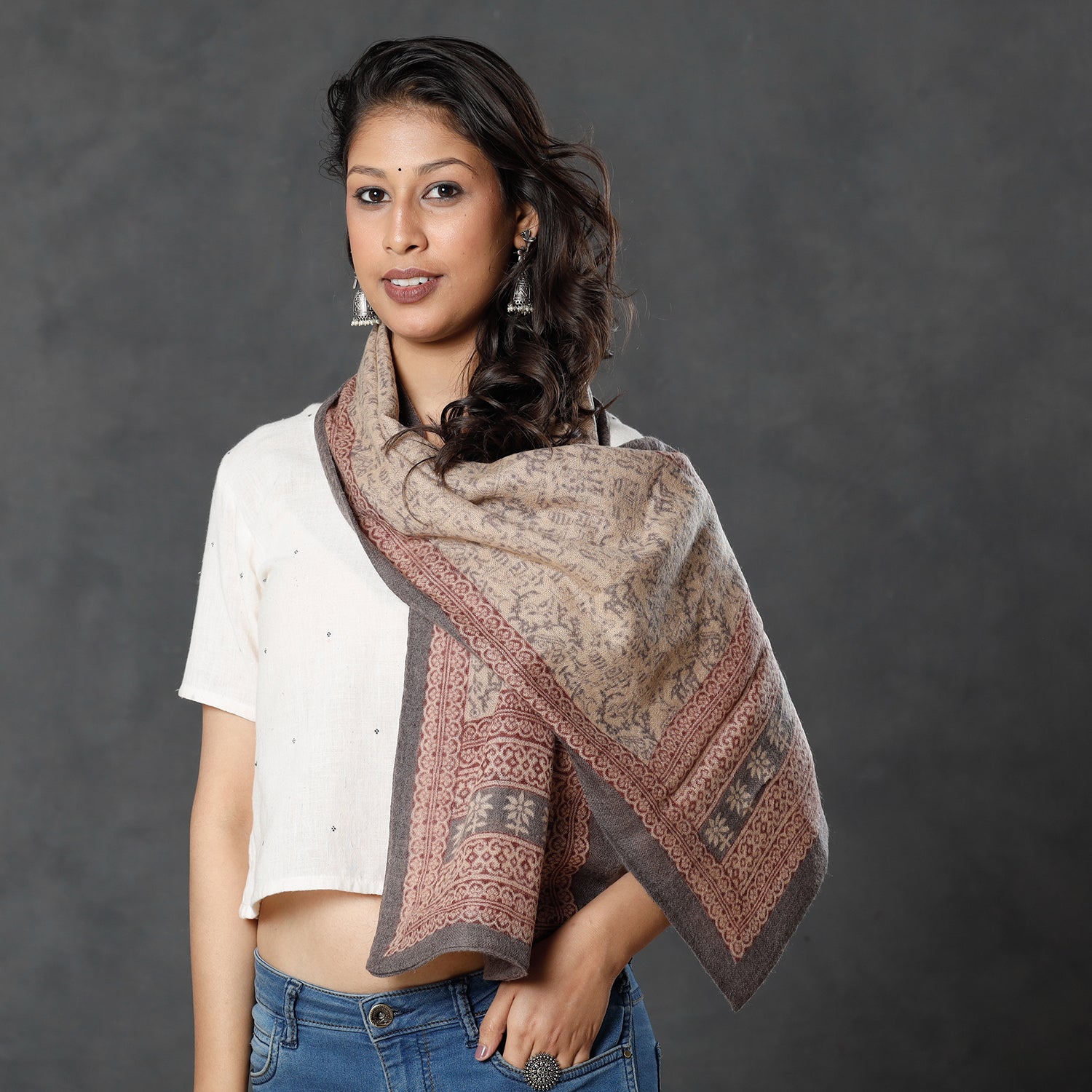 BAGH PRINTS BY MOHAMMED BILAL KHATRI Beige - Bagh Block Printed Natural Dyed Woolen Muffler (61 in) - view 2
