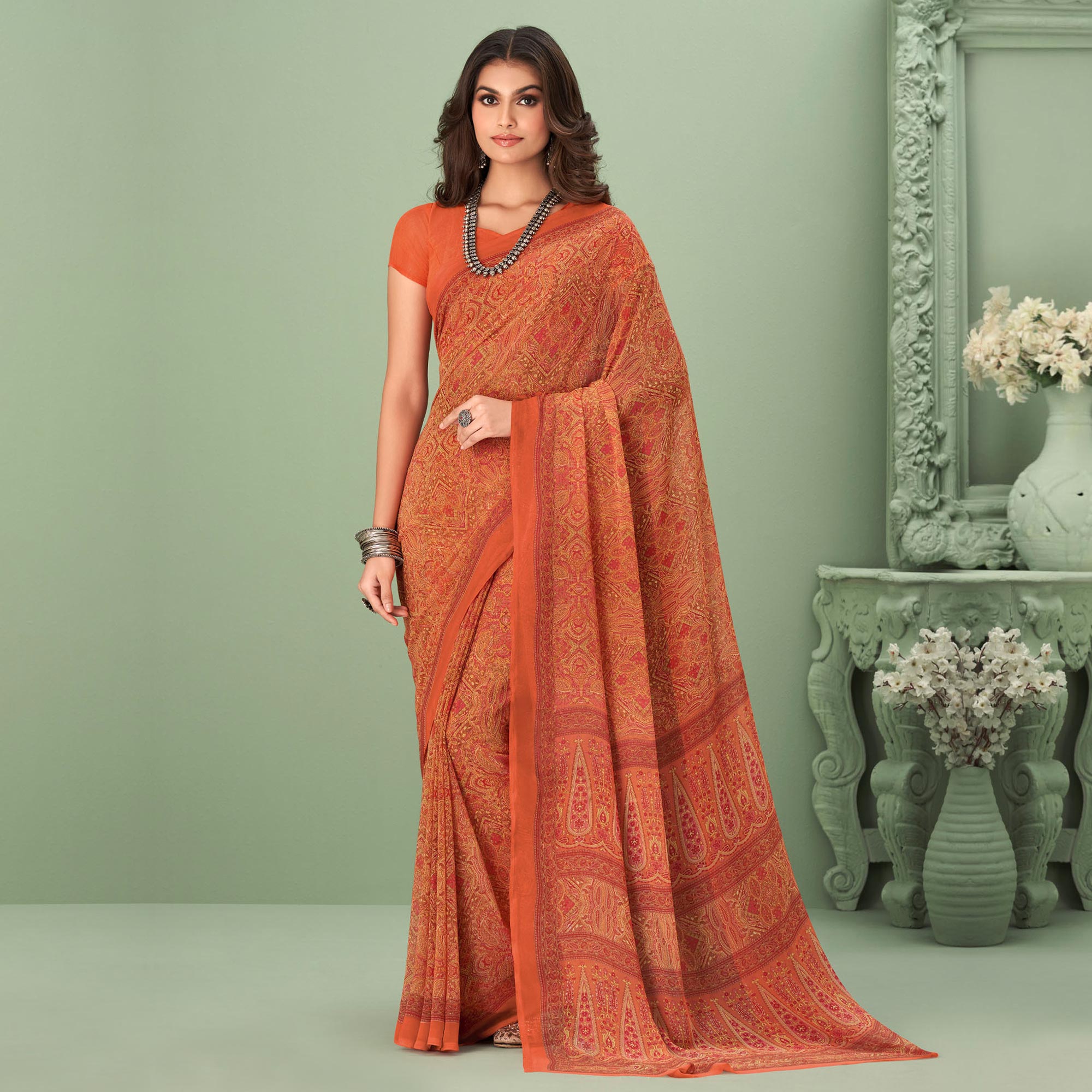 Peachmode Orange Printed Georgette Saree – Women's