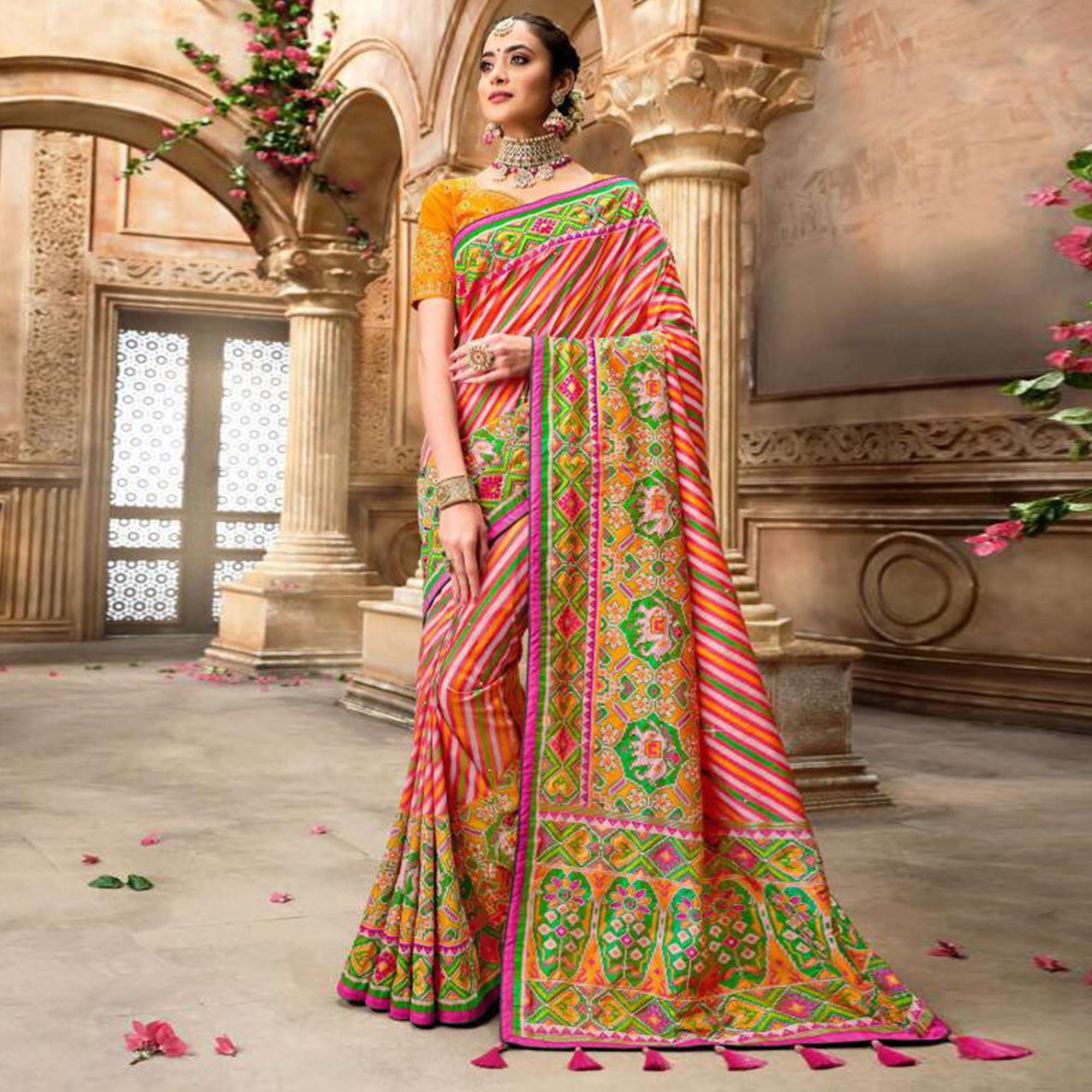 Peachmode Fantastic Green-Pink Colored Resham With Mirror Khatli Work Festive Wear Patan Patola Silk Saree