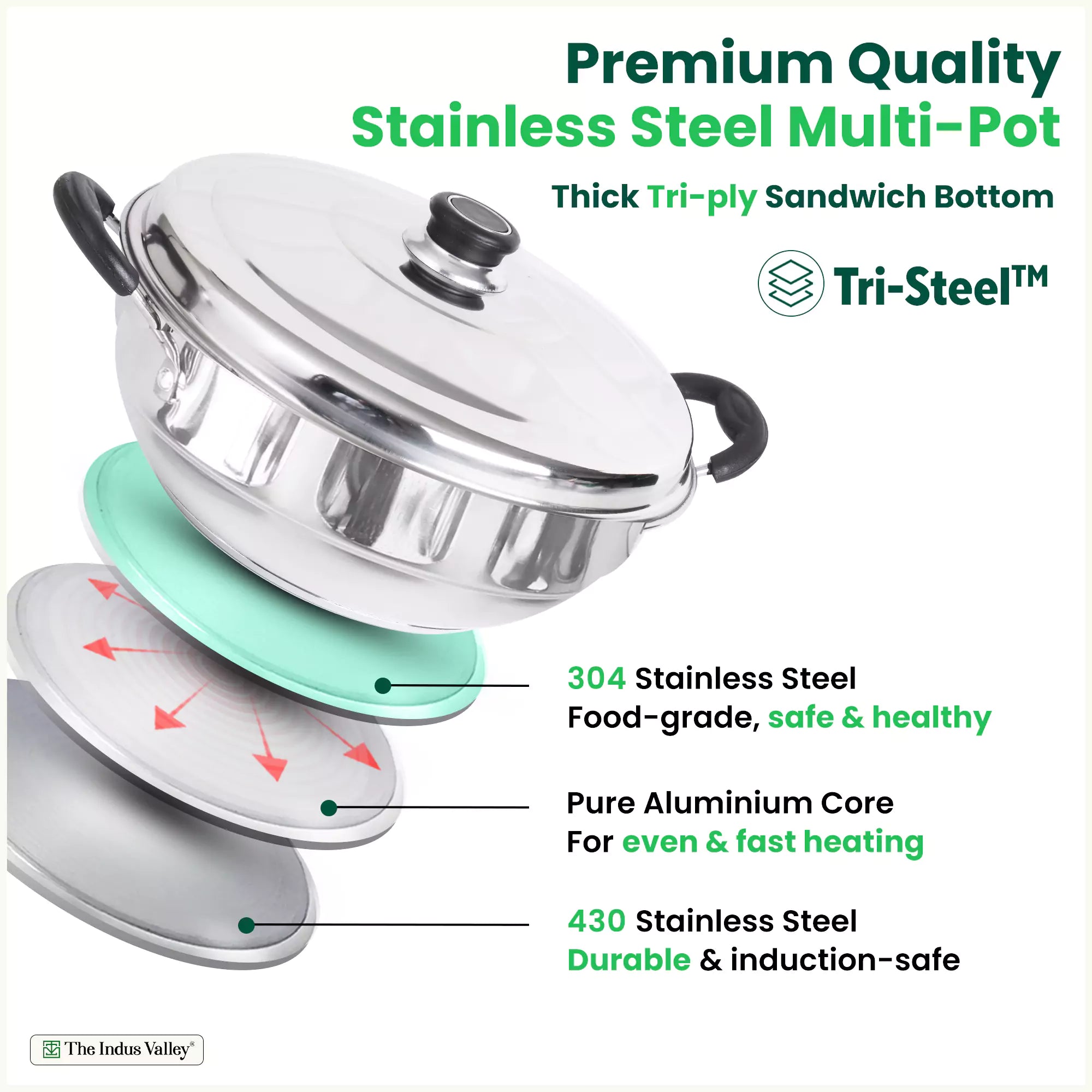 The Indus Valley Tri-Steel Premium Stainless Steel Idli/ Dhokla/ Momo Maker/ Multi Pot/ Veg Steaming Set, Tri-ply Induction Bottom, 7 pit, 5 Plates, 4 - view 3