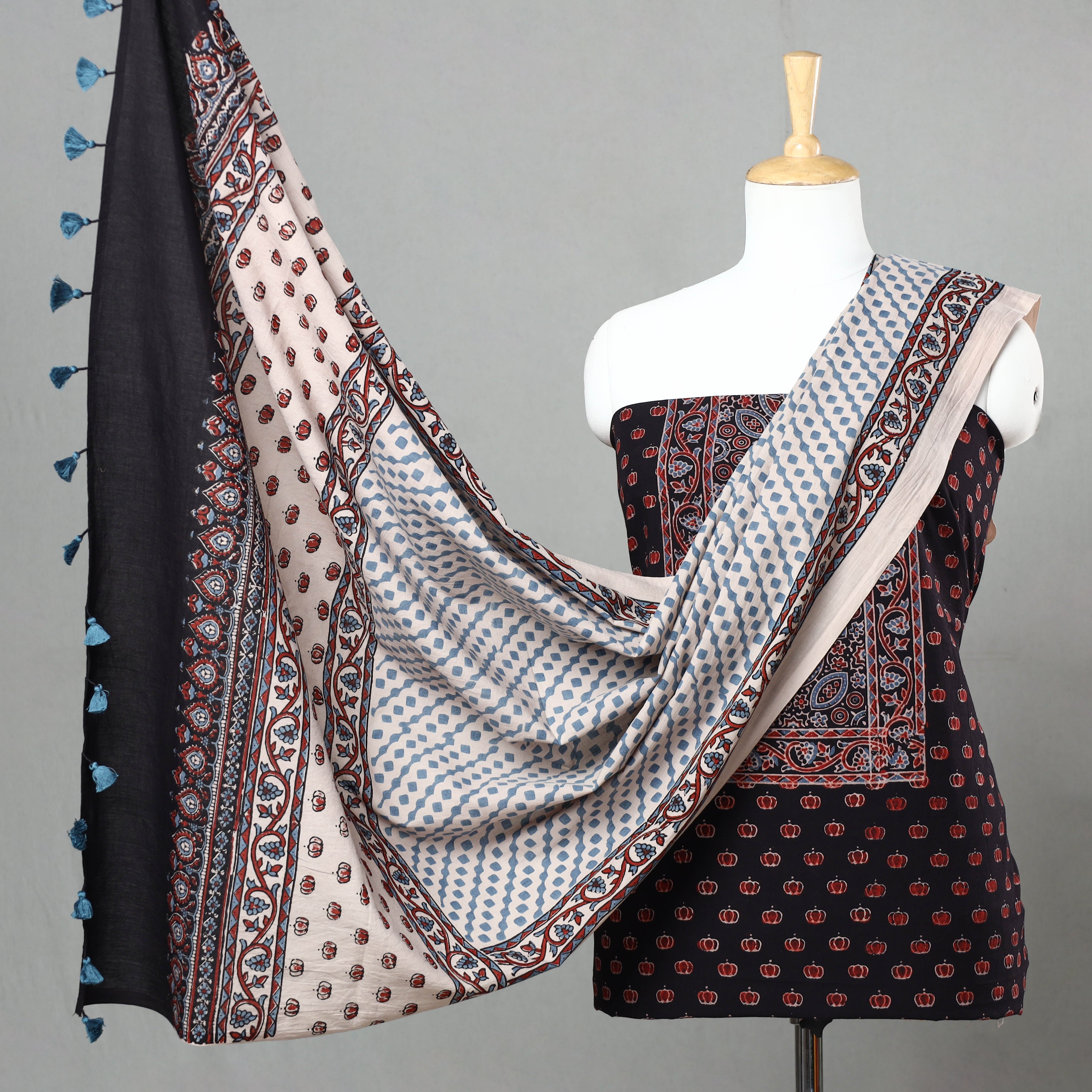 AJRAKH BY JABBAR KHATRI Black - 3pc Ajrakh Block Printed Natural Dyed Cotton Suit Material Set 07