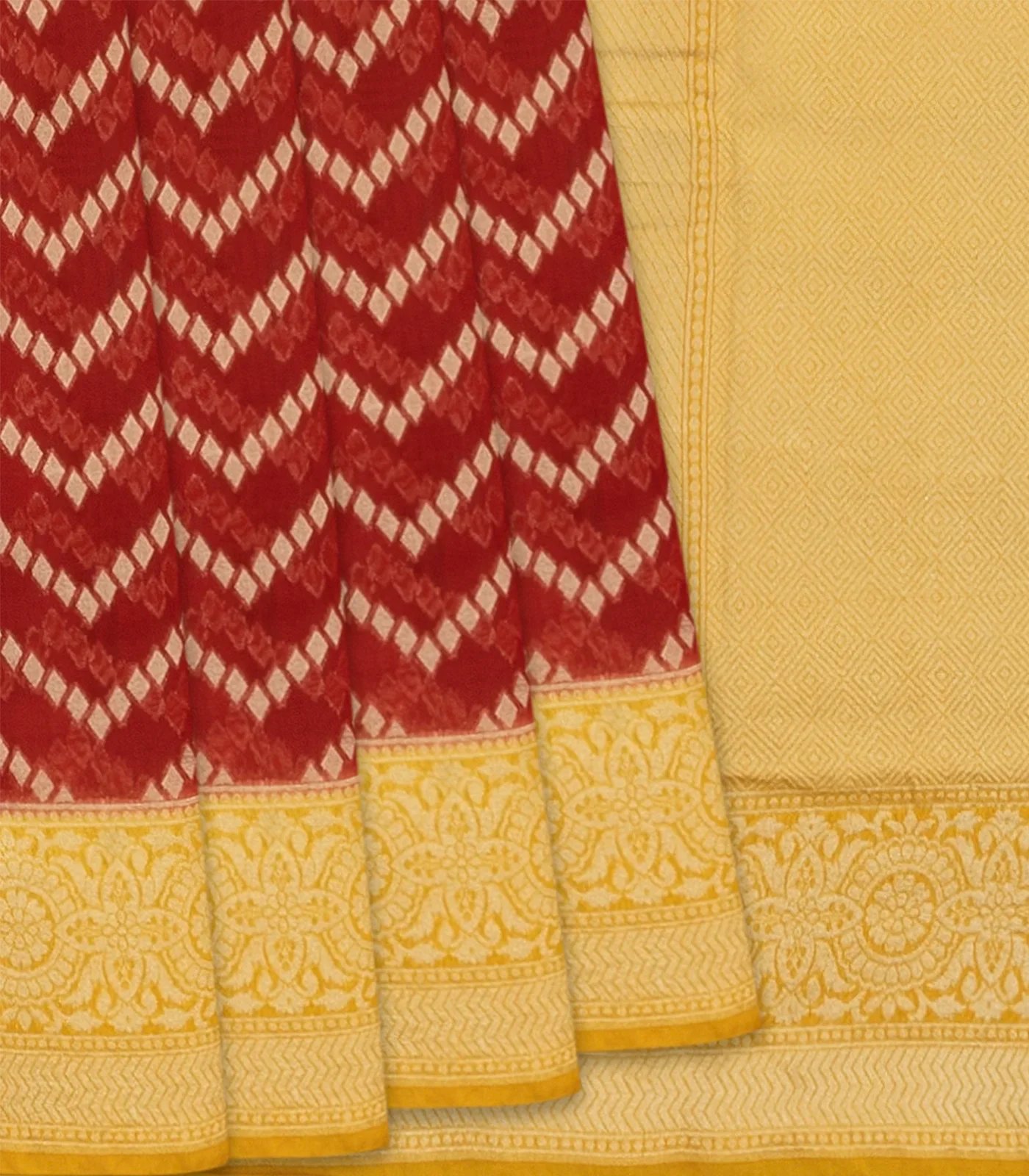 RmKV Red Handloom Banarasi Silk Cotton Saree With Chevron Motifs-Red