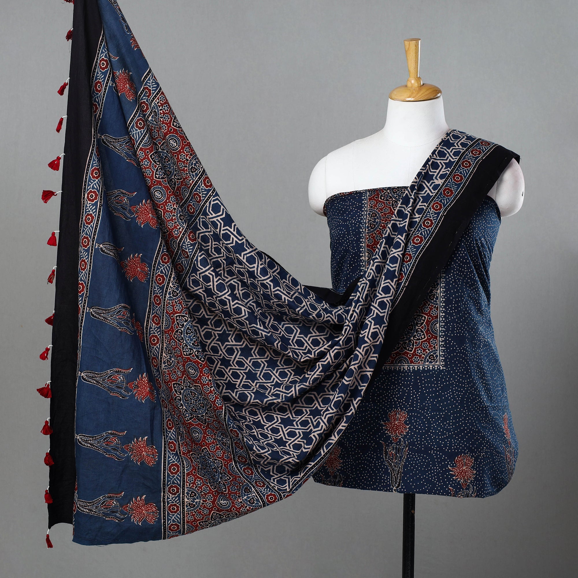 AJRAKH BY SUFIYAN ISMAIL KHATRI Blue - Hand Block Print Cotton 3pc Ajrakh Dress Material 11