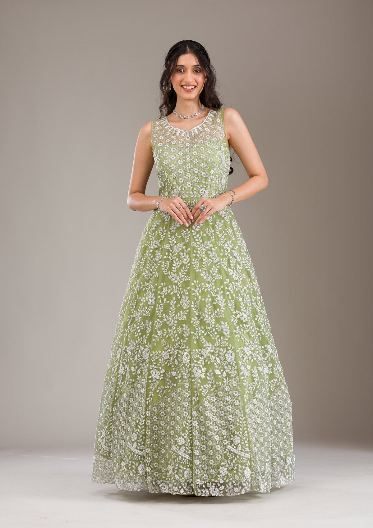 Koskii Pista Green Pearlwork Net Gown - view 4
