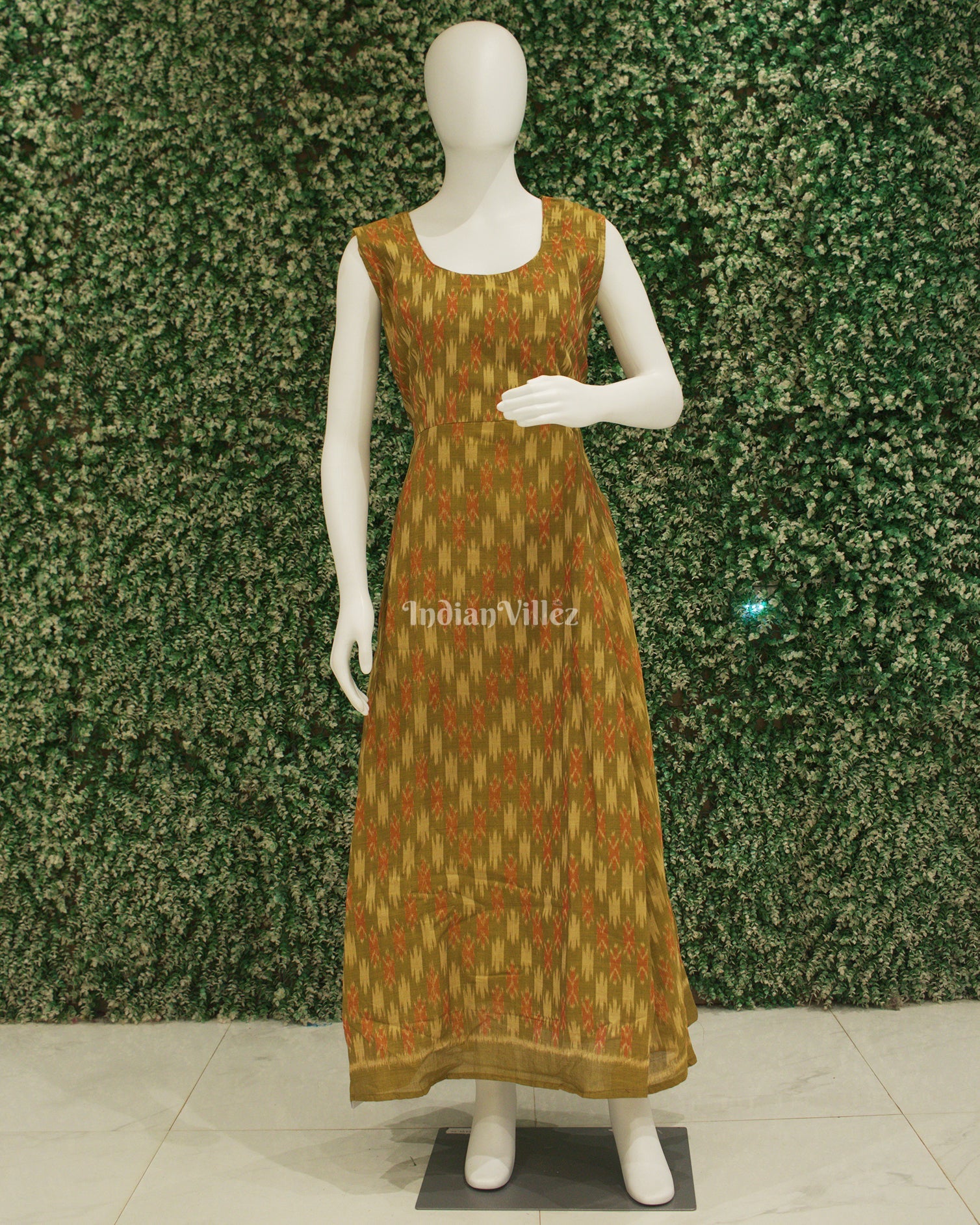 IndianVillèz Mehendi Green Odisha Ikat Designer Long Gown for Women
