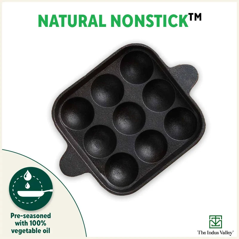 The Indus Valley 9 Pit/Cup CASTrong Cast Iron Paniyaram/Appe Pan+ Free Spatula, Pre-seasoned, Natural Nonstick, 100% Pure, Toxin-free, 24 cm, 1.34 kg - view 9