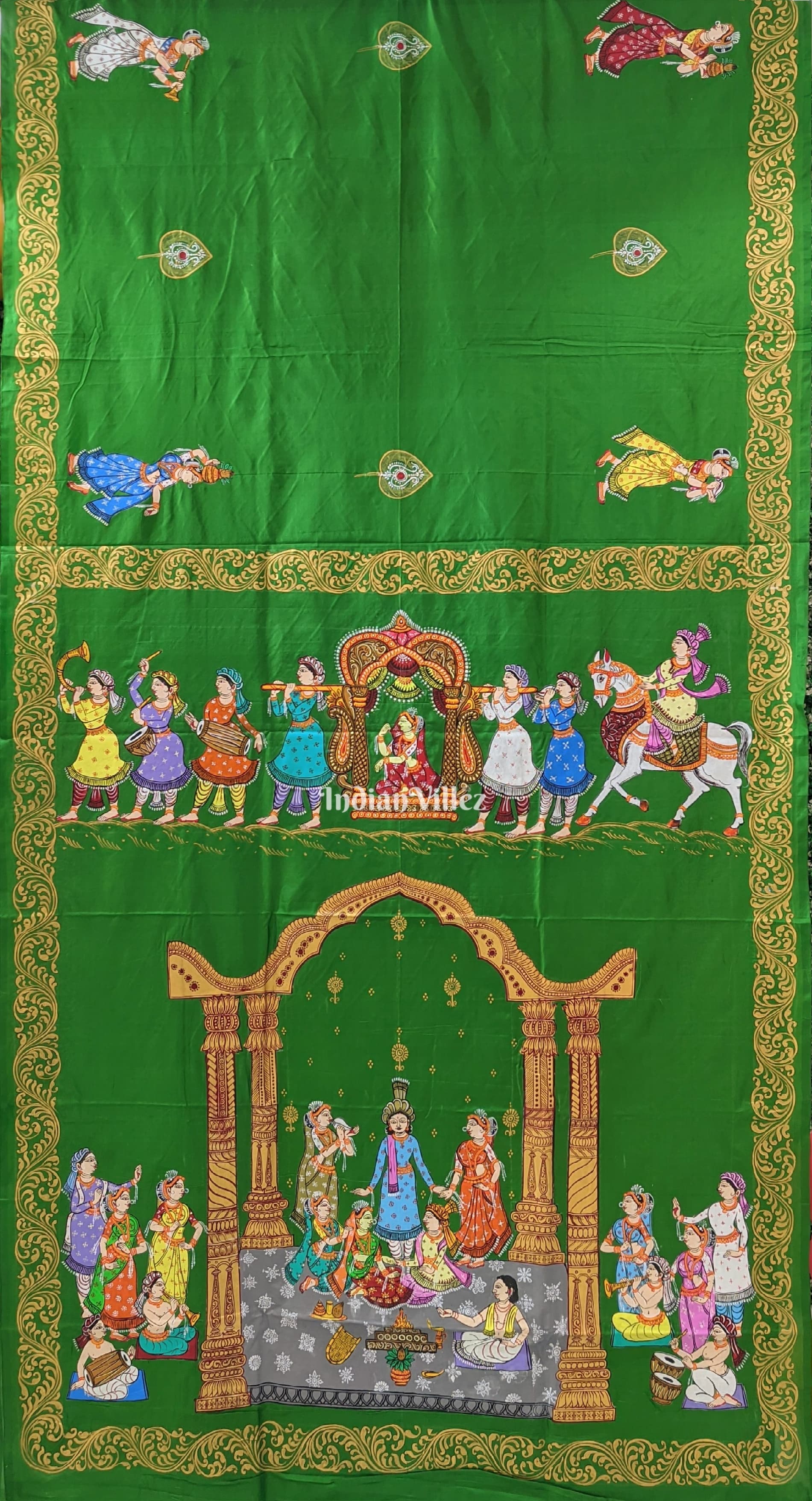 IndianVillèz Dark Green Doli Barat & Marriage Theme Hand-Painted Pattachitra Saree (PRE ORDER)
