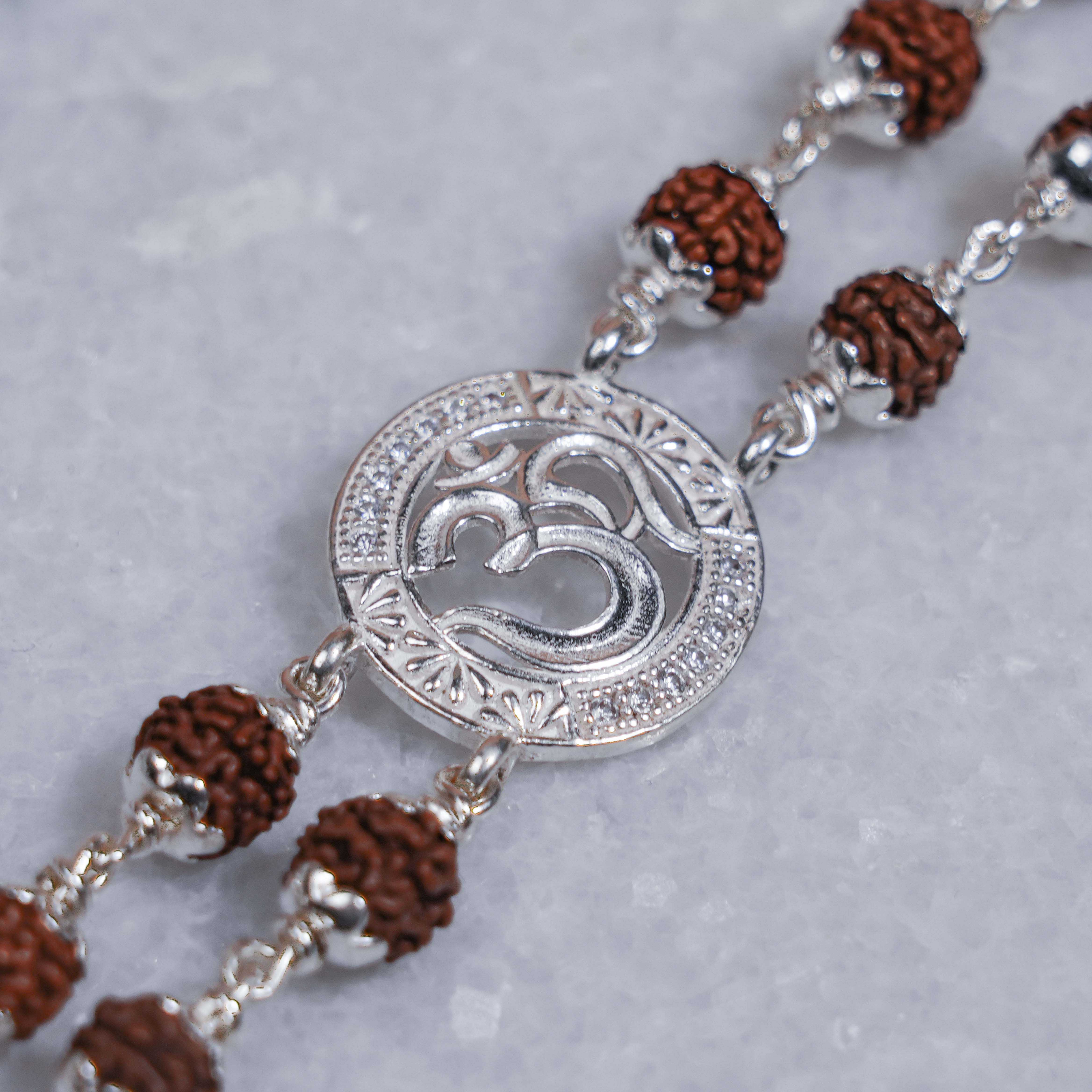 Prinjal Jewellers Rudraksha Silver Om Middle Double Line Bracelet