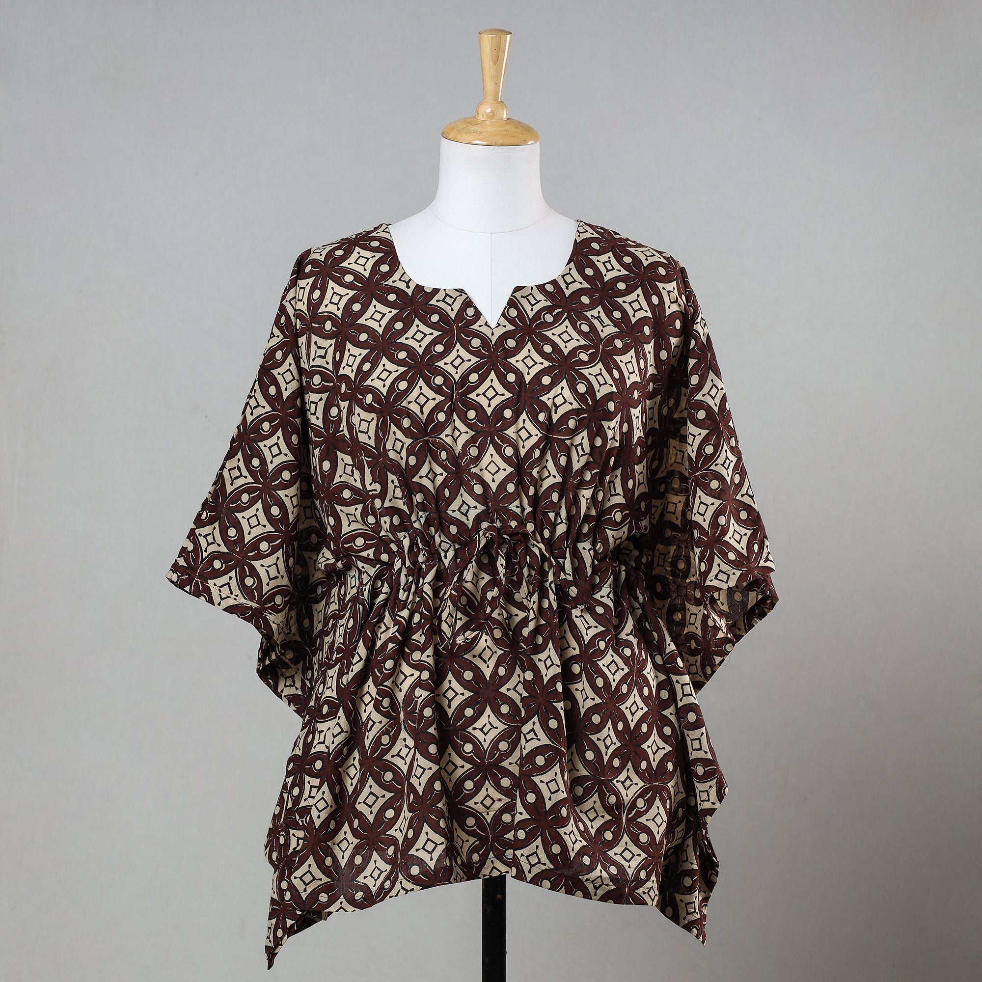 ITOKRI CASUALS Brown - Bagru Block Printed Cotton Kaftan with Tie-Up Waist (Short)