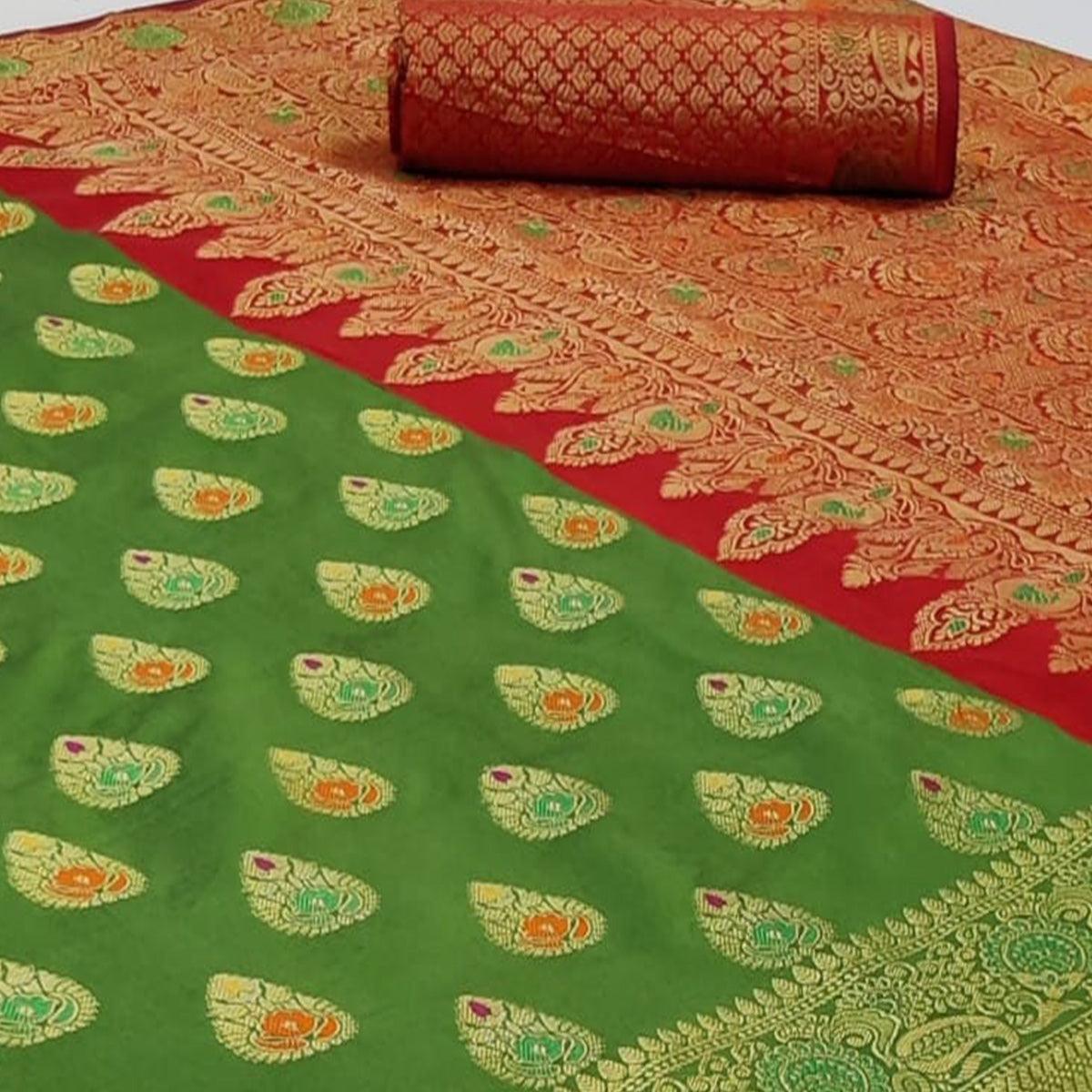 Peachmode Classy Green Colored Festive Wear Woven Silk Saree - view 2