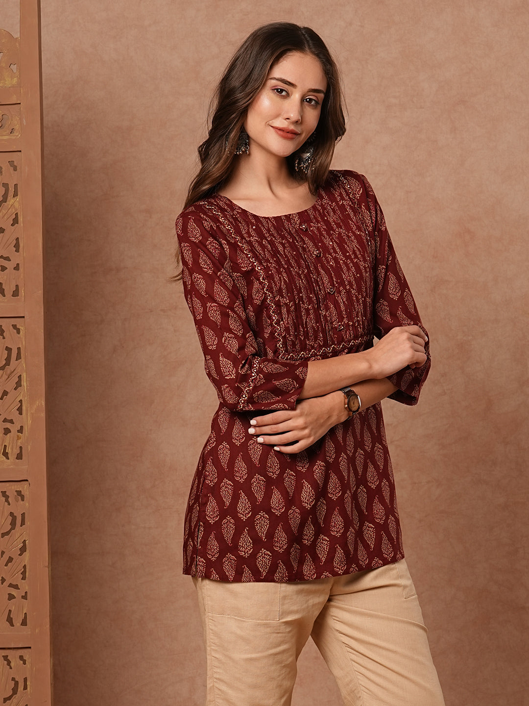 Fashor Ethnic Printed Mirror, Resham & Sequins Embroidered Kurti - Maroon - view 5