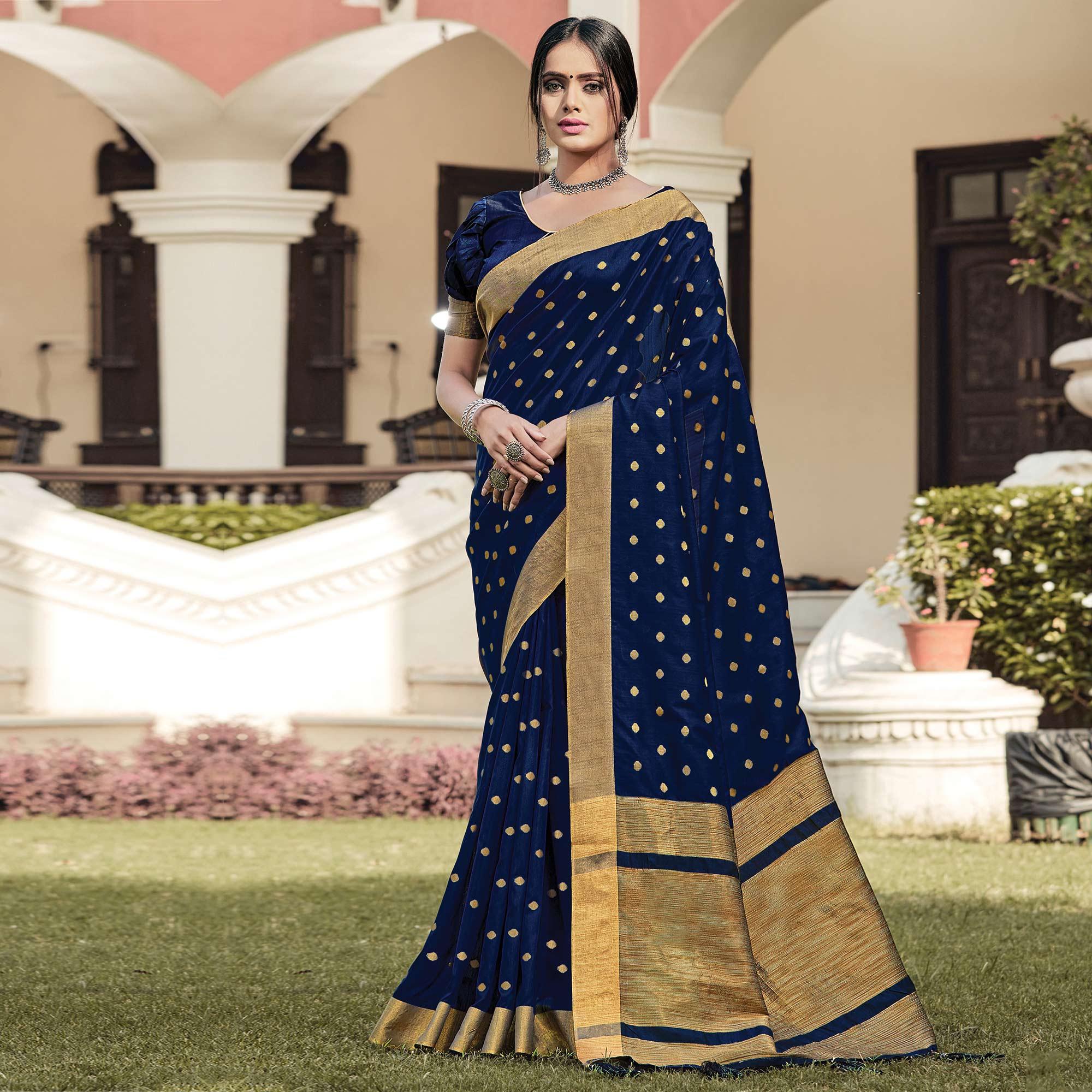 Peachmode Majesty Navy Blue Coloured Casual Wear Woven Handloom Silk Saree
