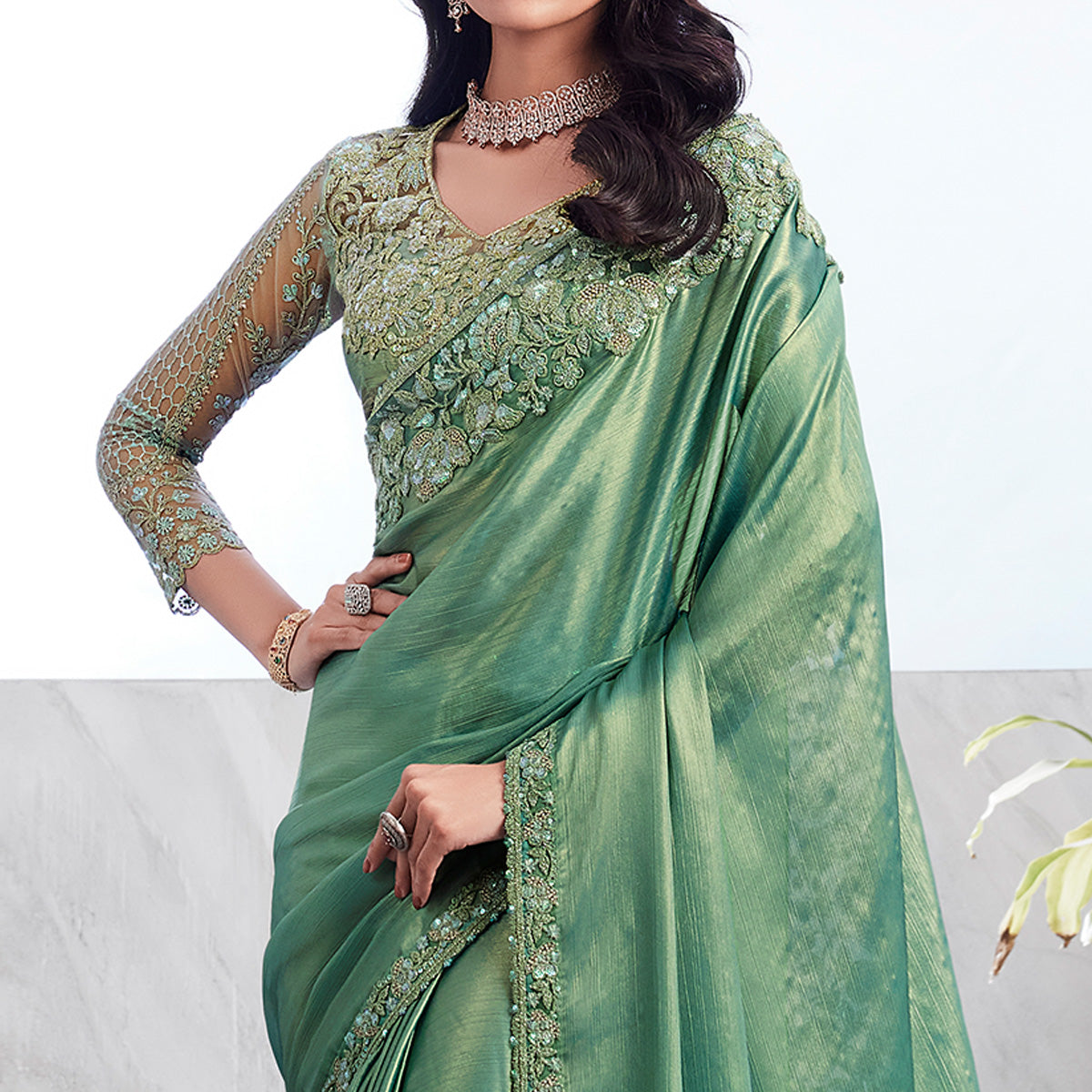Peachmode Dusty Green Floral Sequins Embroidered Chiffon Saree - view 3