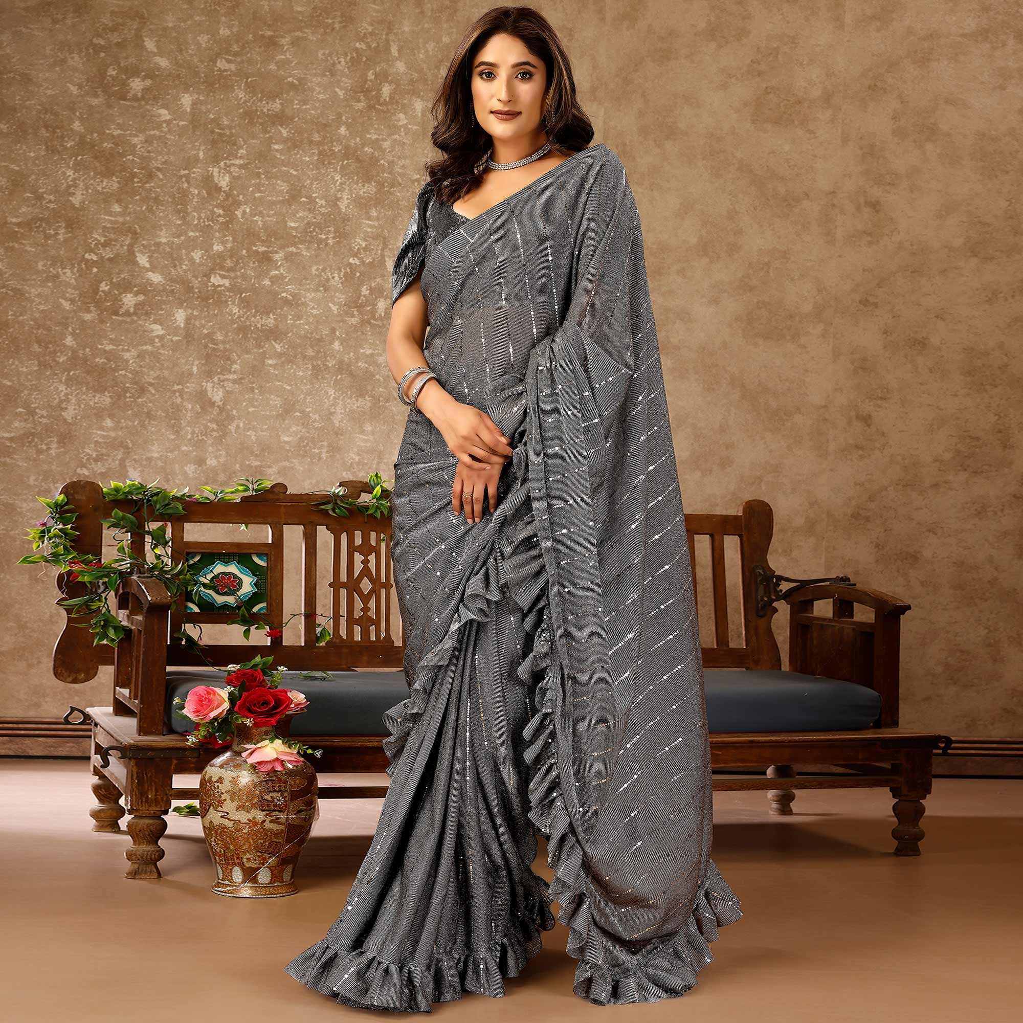Peachmode Seller Grey Tikki Work Lycra Ready To Wear Ruffle Saree - view 2