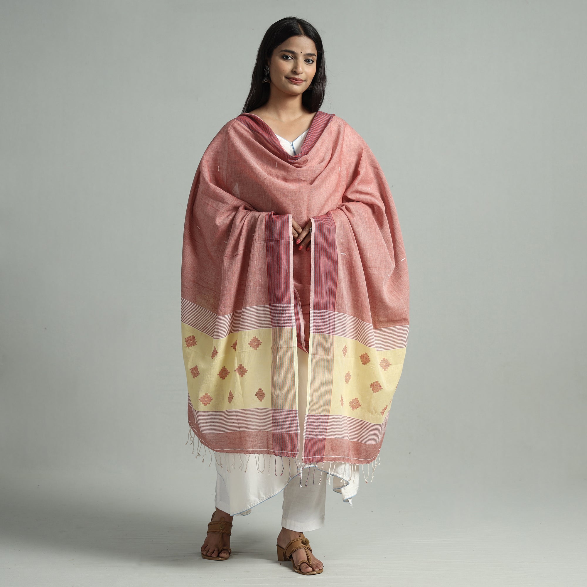 ARTISAN DIRECT BY CREATIVE DIGNITY Brown - Bengal Jamdani Buti Handloom Cotton Dupatta with Tassels 35