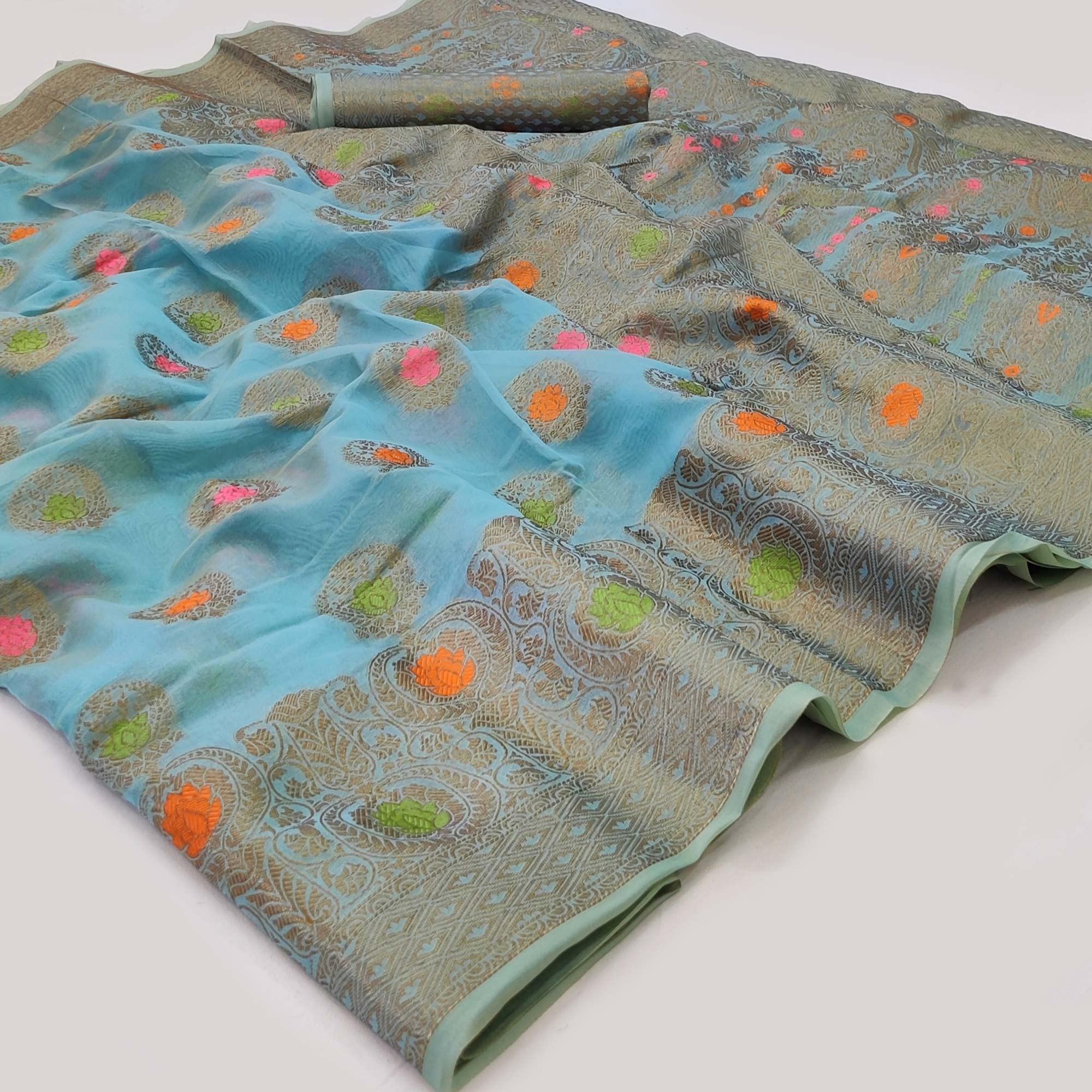Peachmode Blue Woven Organza Saree – Women's