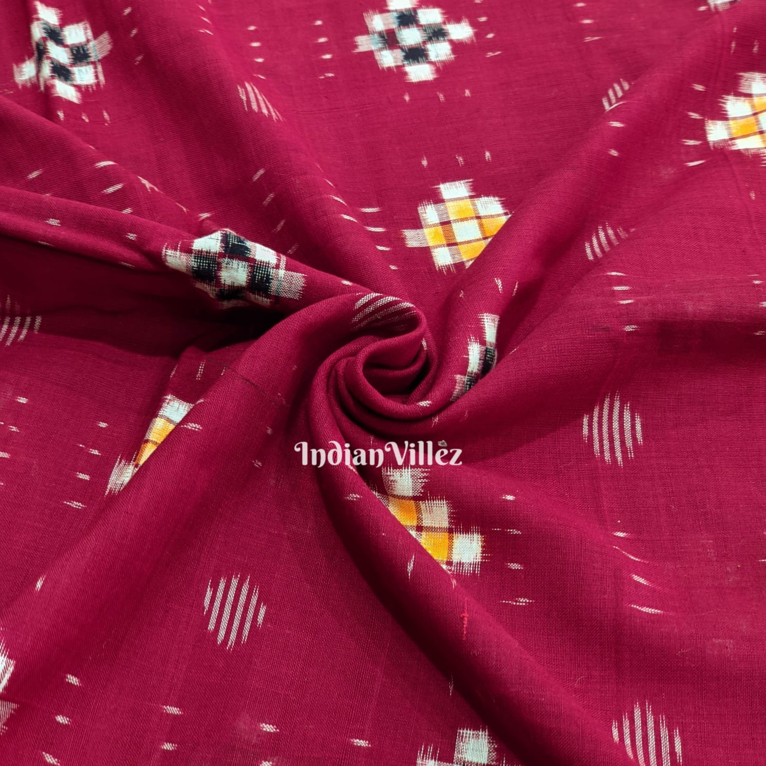 IndianVillèz Maroon Pasapali Theme Sambalpuri Ikat Cotton Fabric