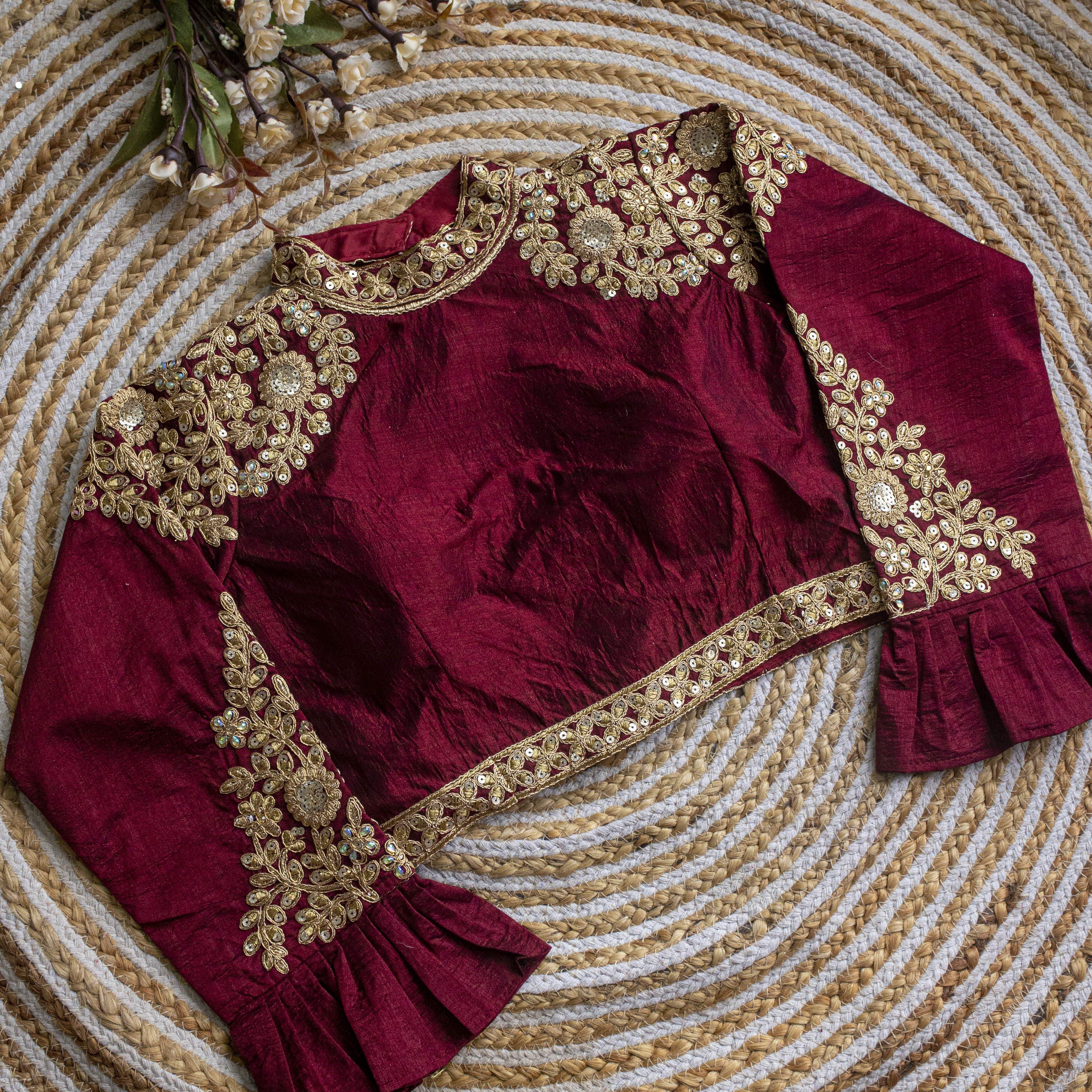 ClothsVilla Wine Golden Sequence Embroidered Blouse in glossy silk