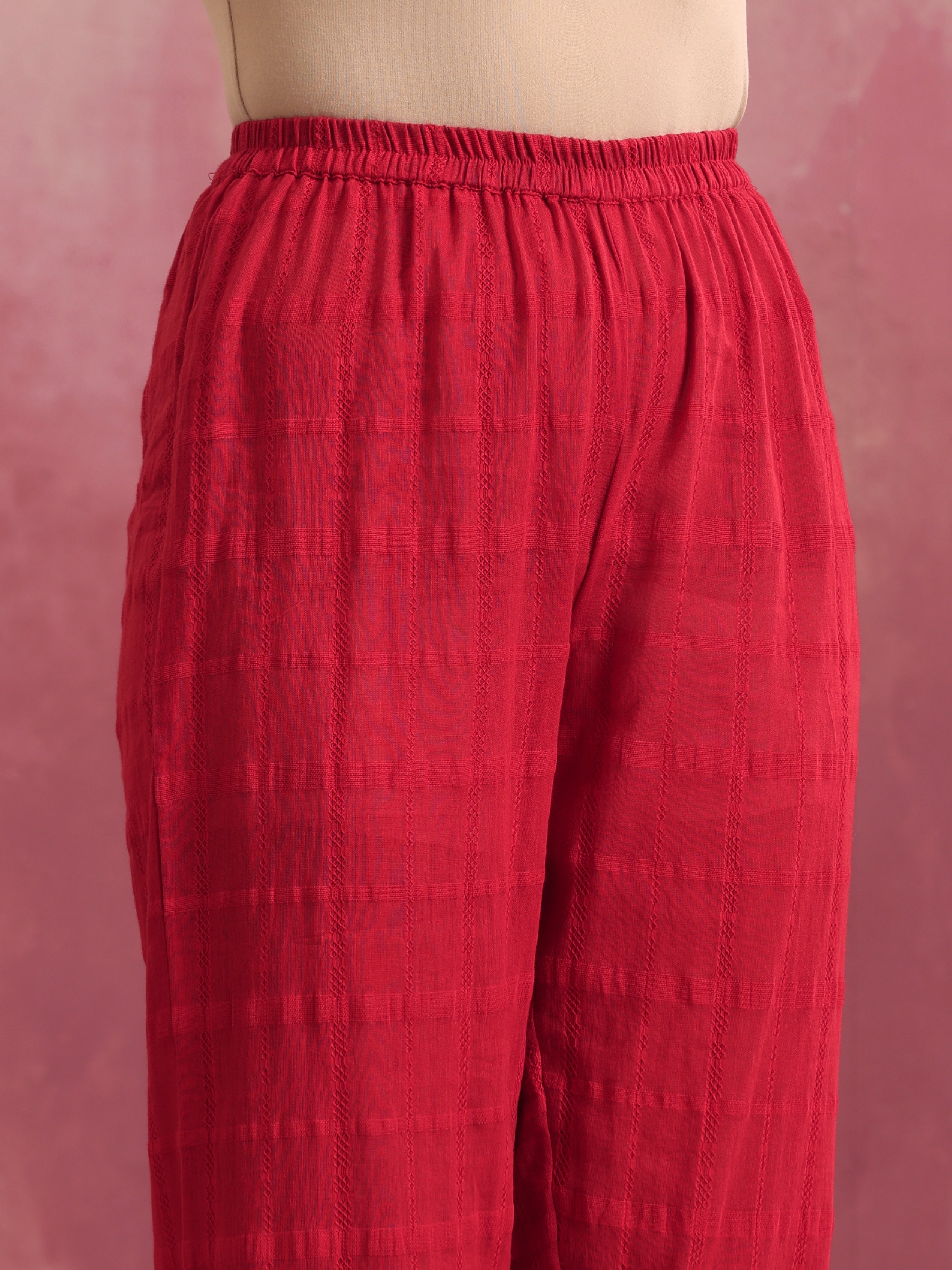 trueBrowns Red Cotton Dobby Flared Kurta Set - view 8