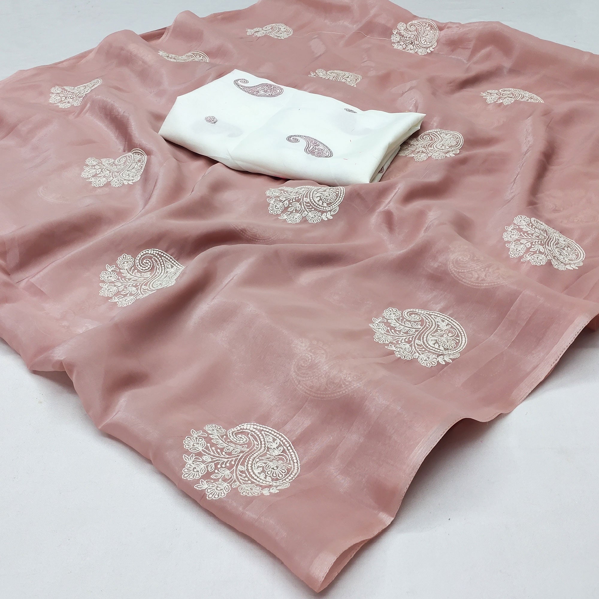 Peachmode Mauve Embroidered Organza Saree – Women's