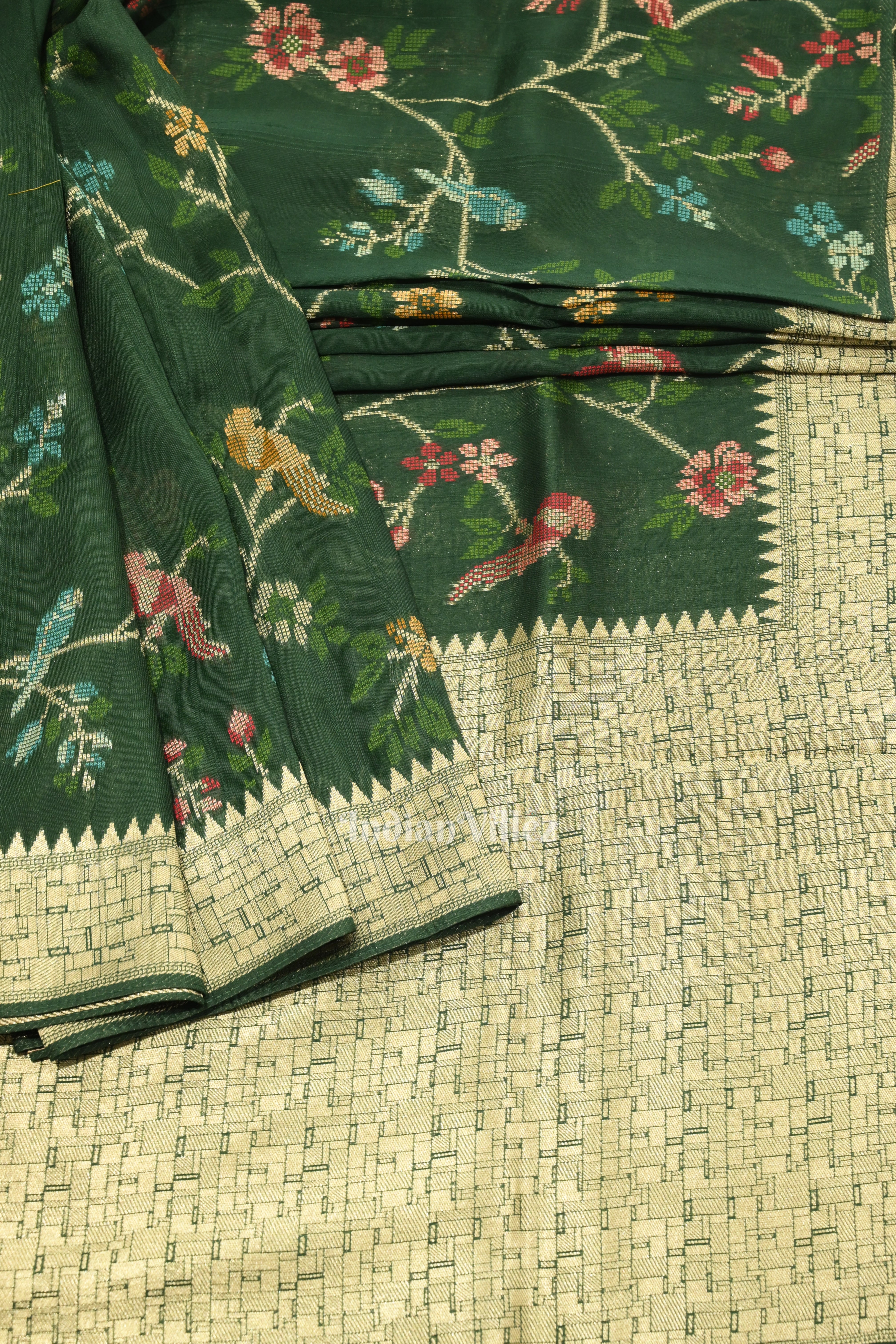 IndianVillèz Dark Green Tussar Khaddi Georgette Banarasi Saree with Tassels