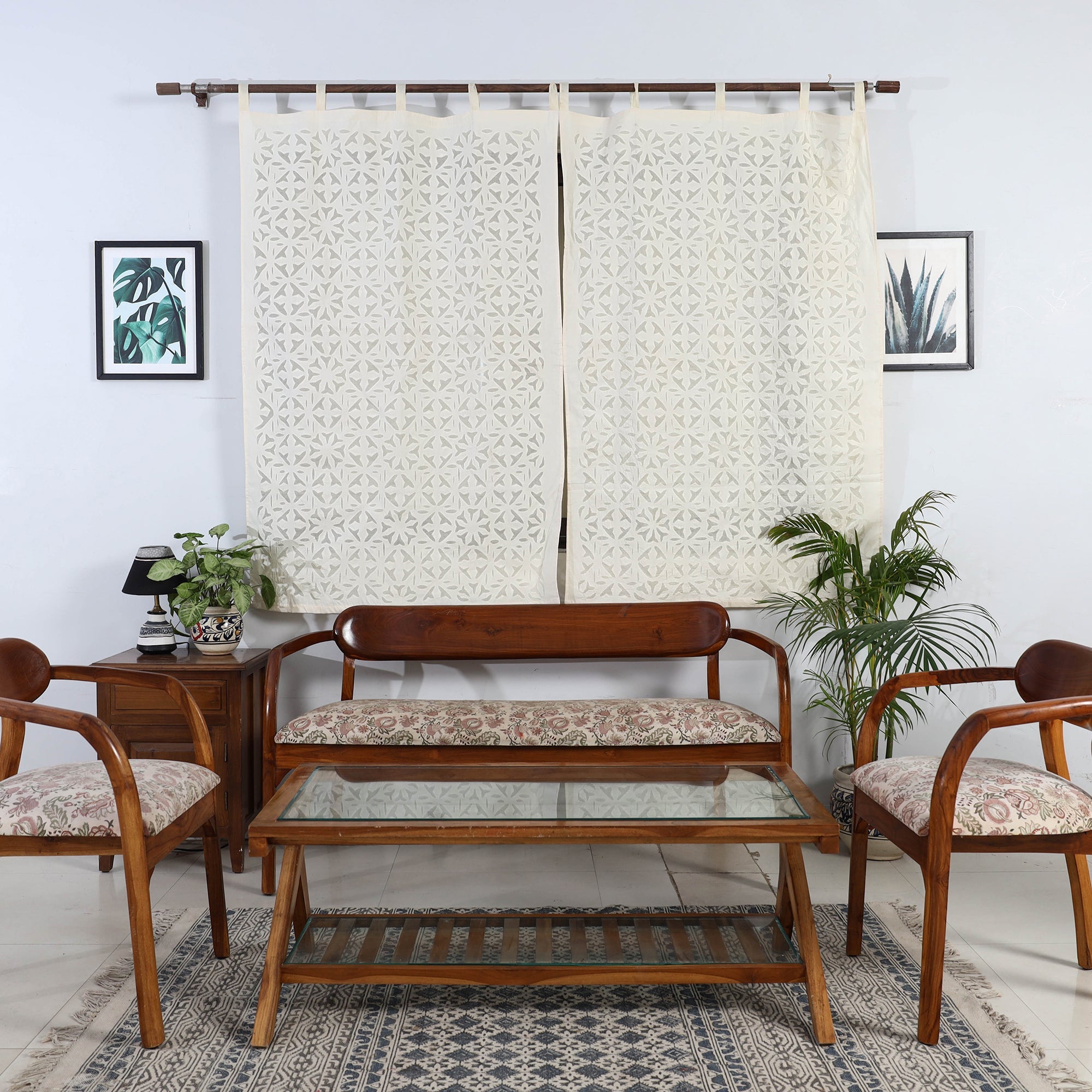 SHADES OF MARUDHARA beige - Flower Cutwork Cotton Barmer Applique Window Curtain