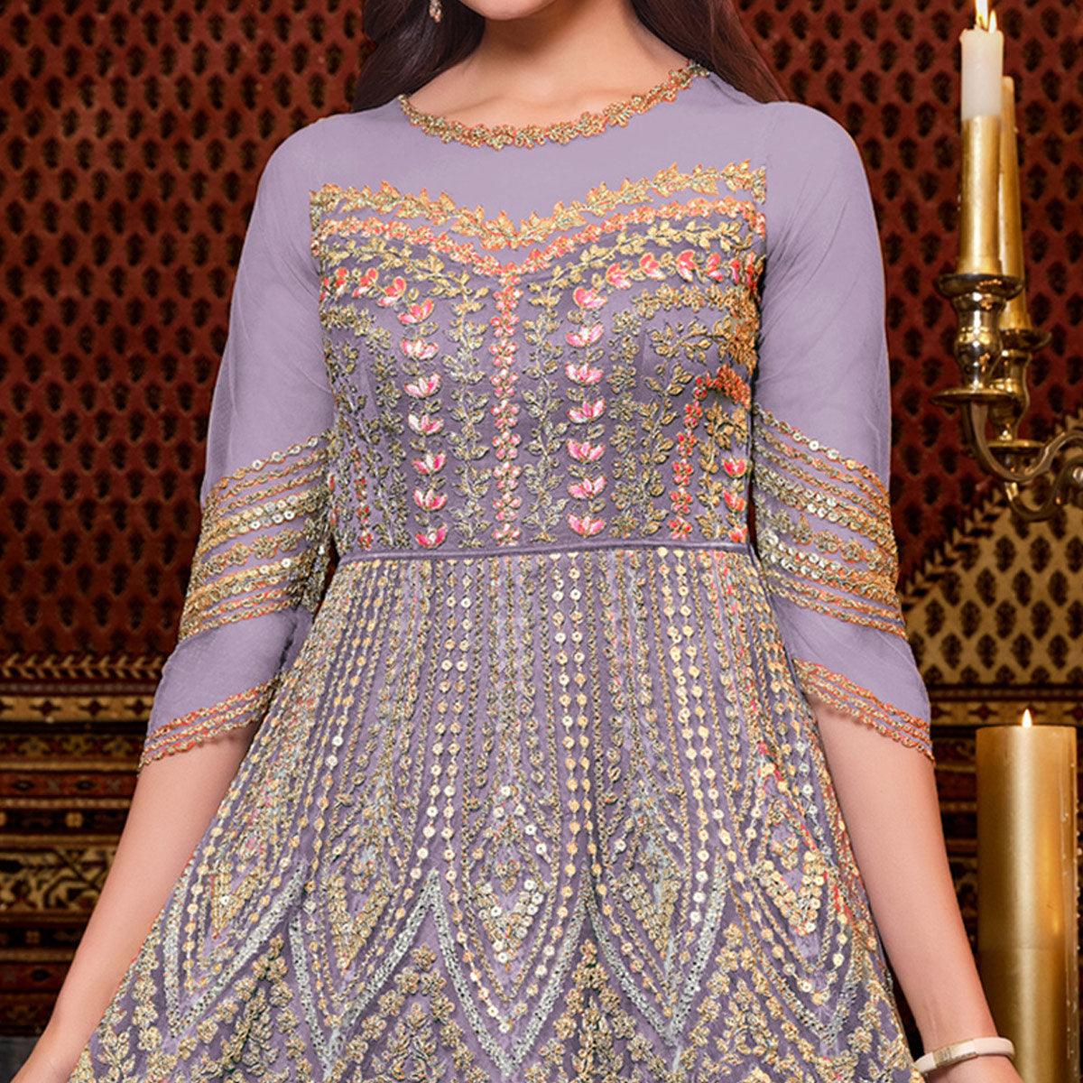 Peachmode Light Lavendar Designer Partywear Embroidered Heavy Net Anarakali Suit - view 2