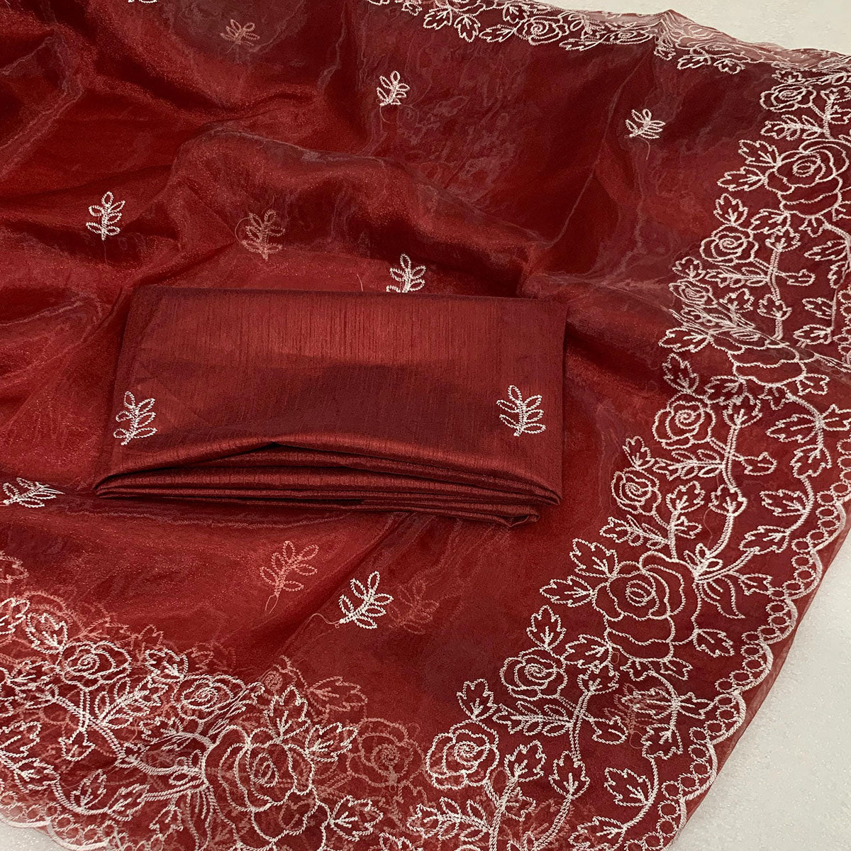 Peachmode Maroon Floral Embroidered Organza Saree - view 2