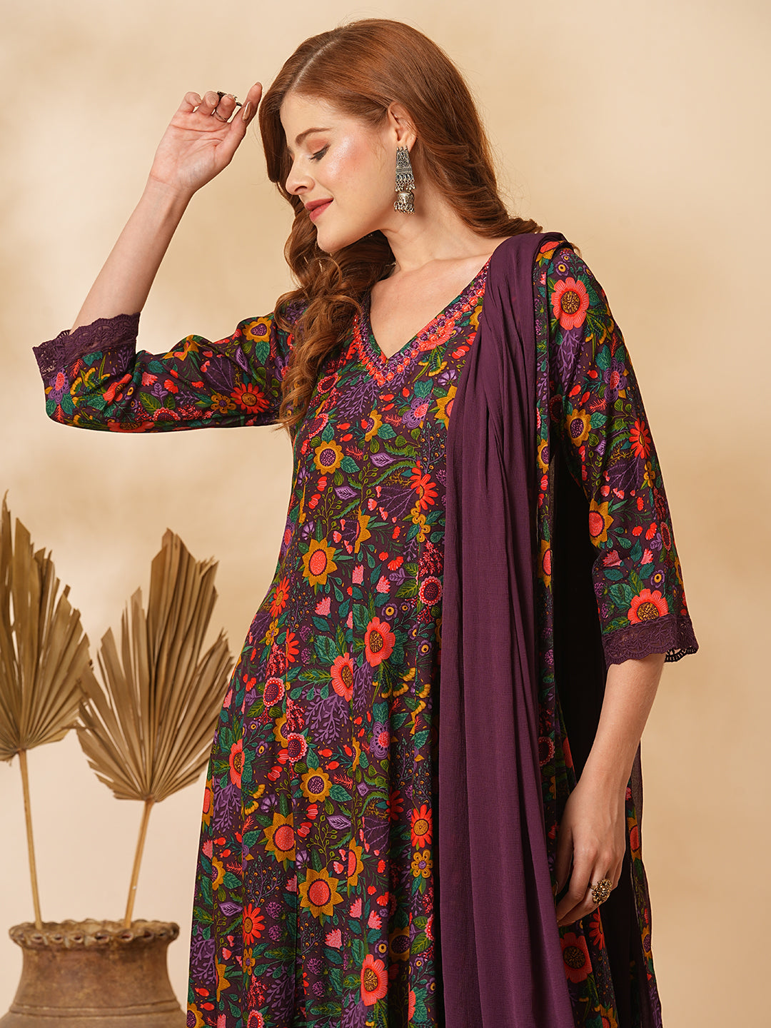 Fashor Floral Printed Mirror Embroidered Anarkali with Pant & Dupatta - Purple - view 2