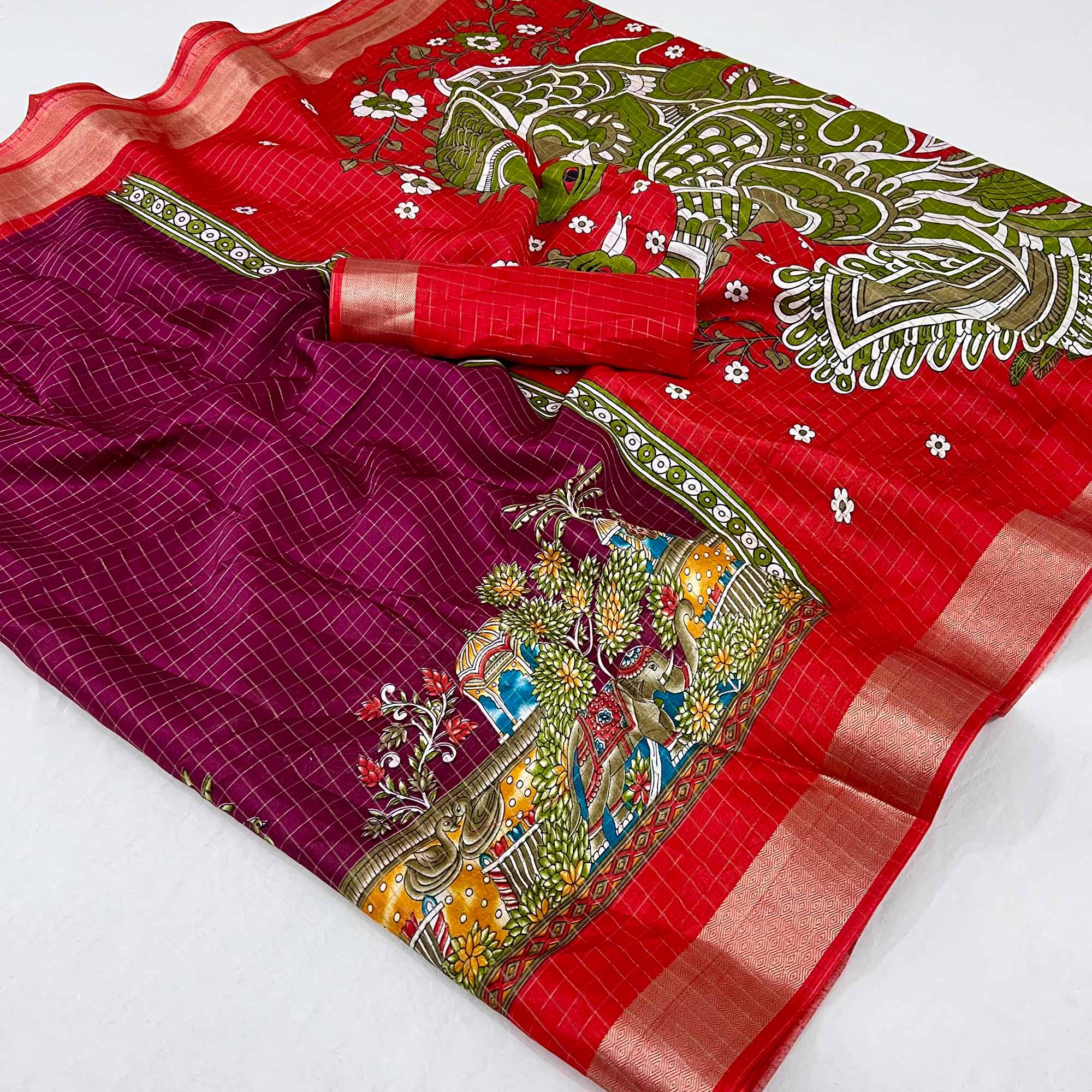 Peachmode Dark Magneta Checks Zari Woven With Floral Printed Dola Silk Saree