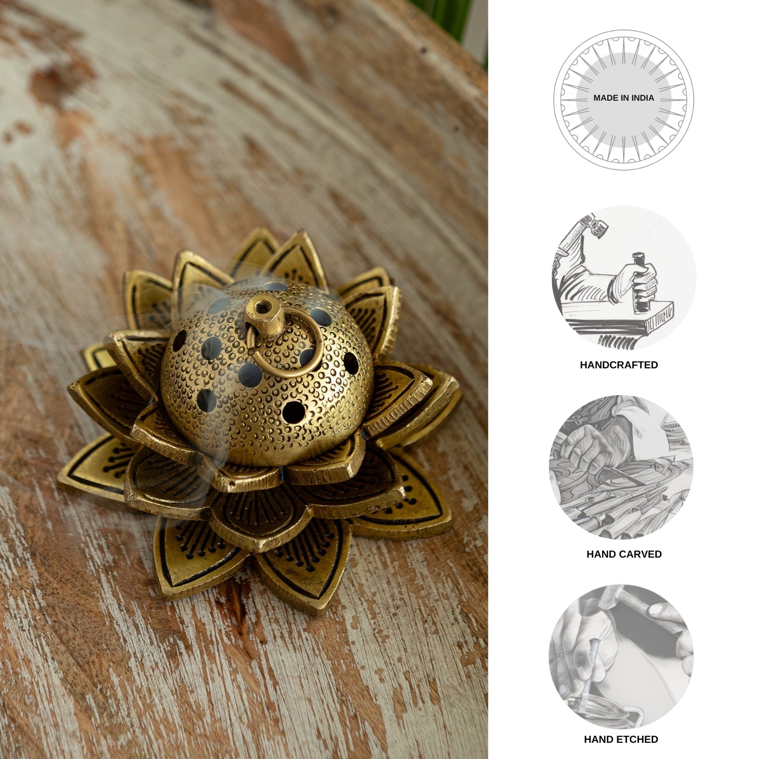 EXCLUSIVELANE 'Lotus' Dhoop Dani Handcarved Brass Incense Burner (Hand-Etched, 2.3 Inches, 0.58 Kg) - view 5