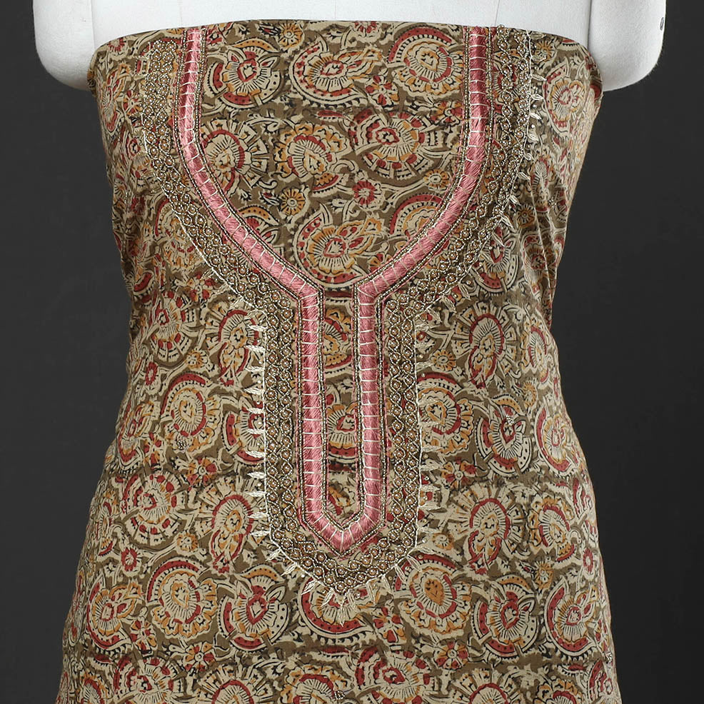 NOORI BAZAR Brown - Kalamkari Block Printed Thread & Bead Work Embroidered Cotton Kurta Material - 2.55 Meter - view 3