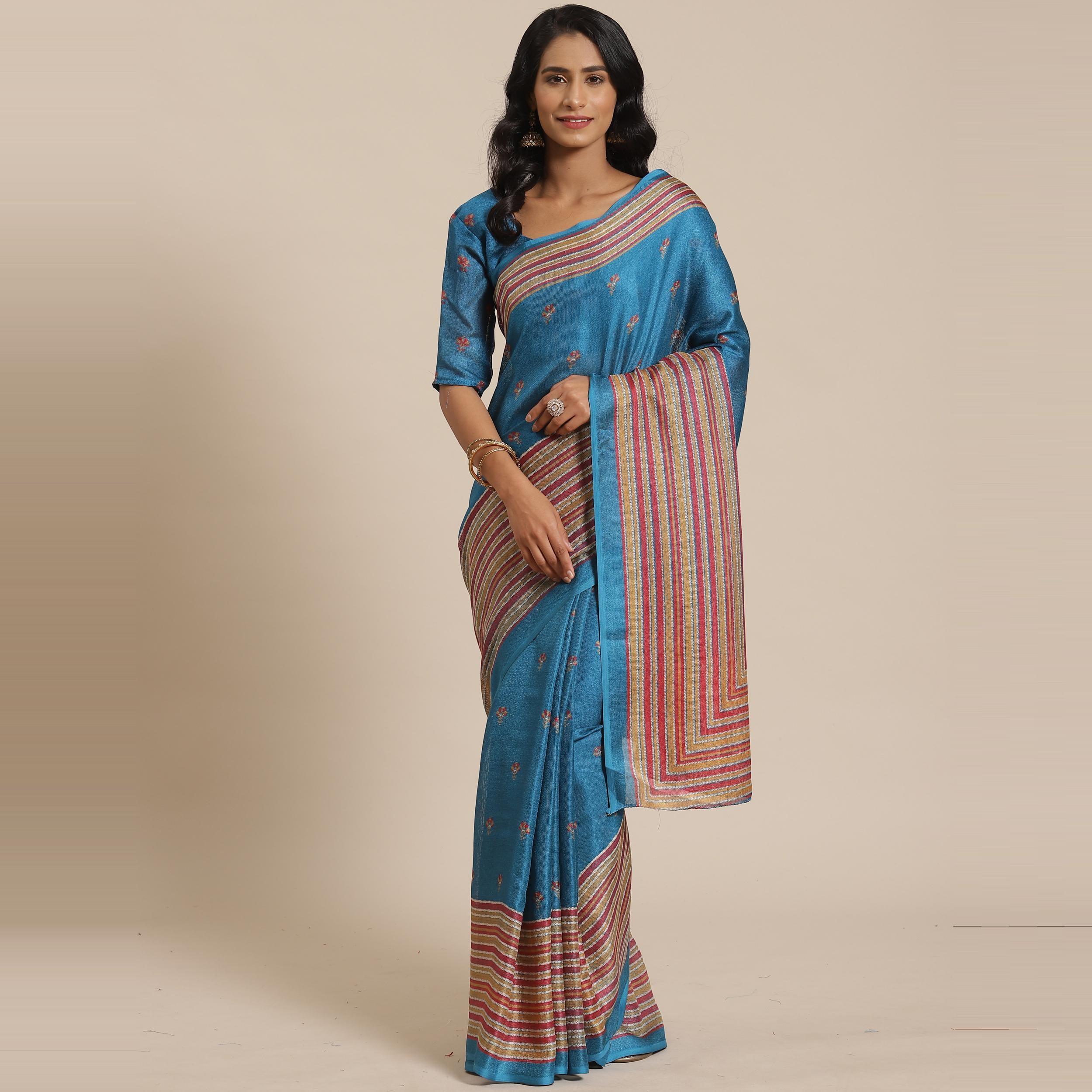 Peachmode Ideal Teal Blue Colored Casual Wear Printed Jute Silk Saree