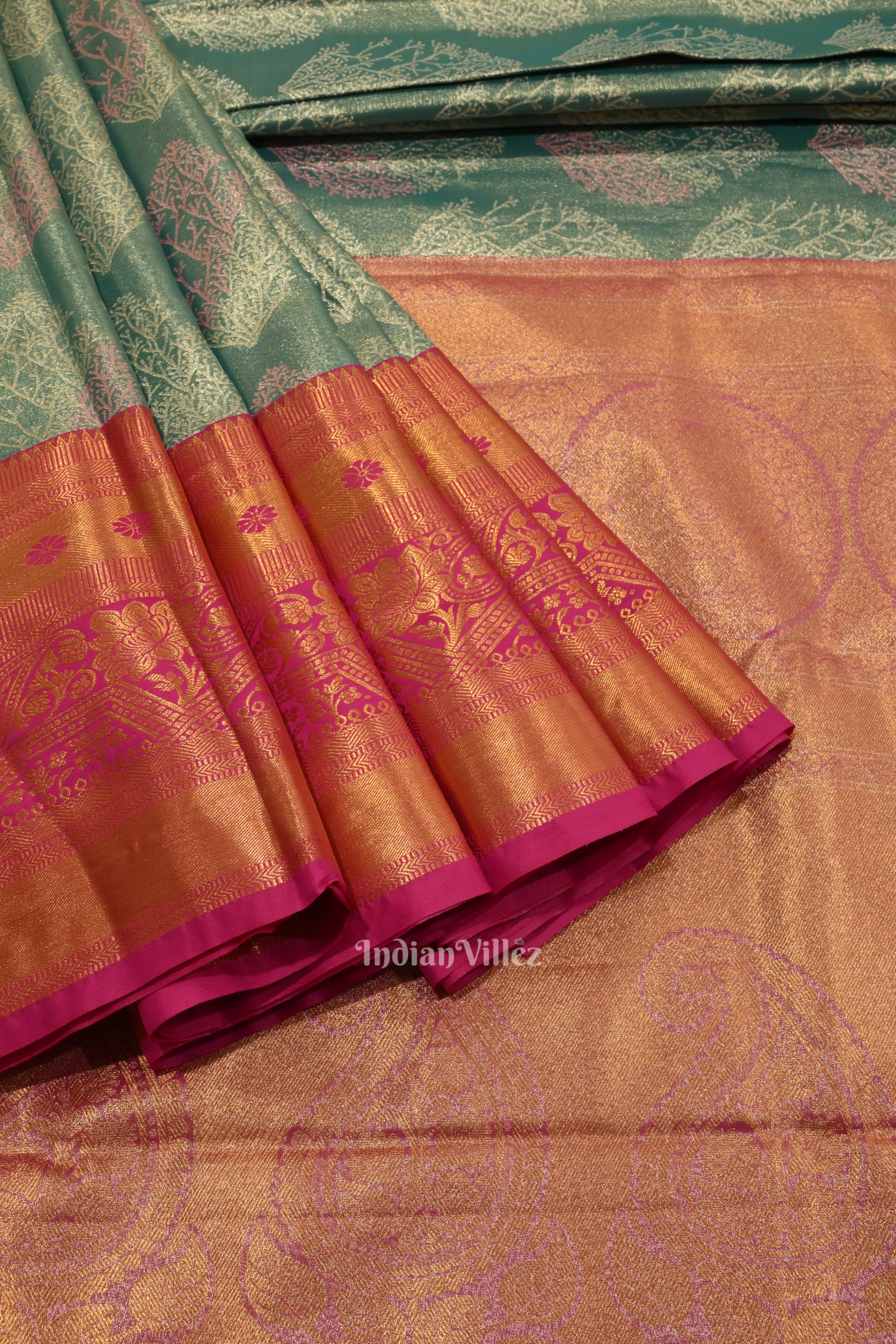 IndianVillèz Mint Green With Pink Pure Kanjivaram Tissue Silk Saree