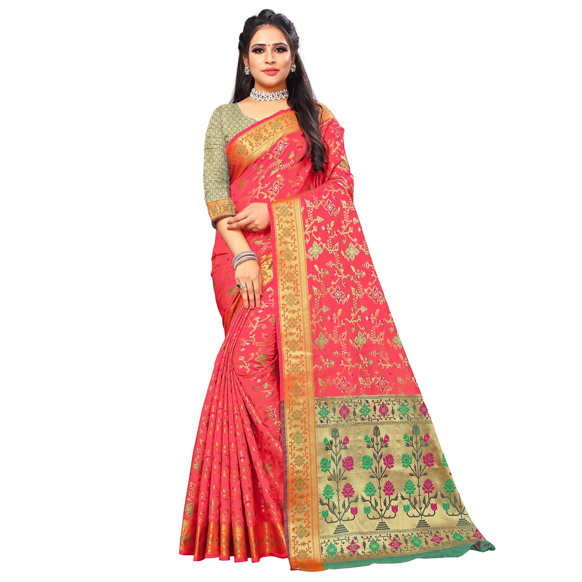 Peachmode Innovative Light Pink Colored Festive Wear Woven Silk Saree