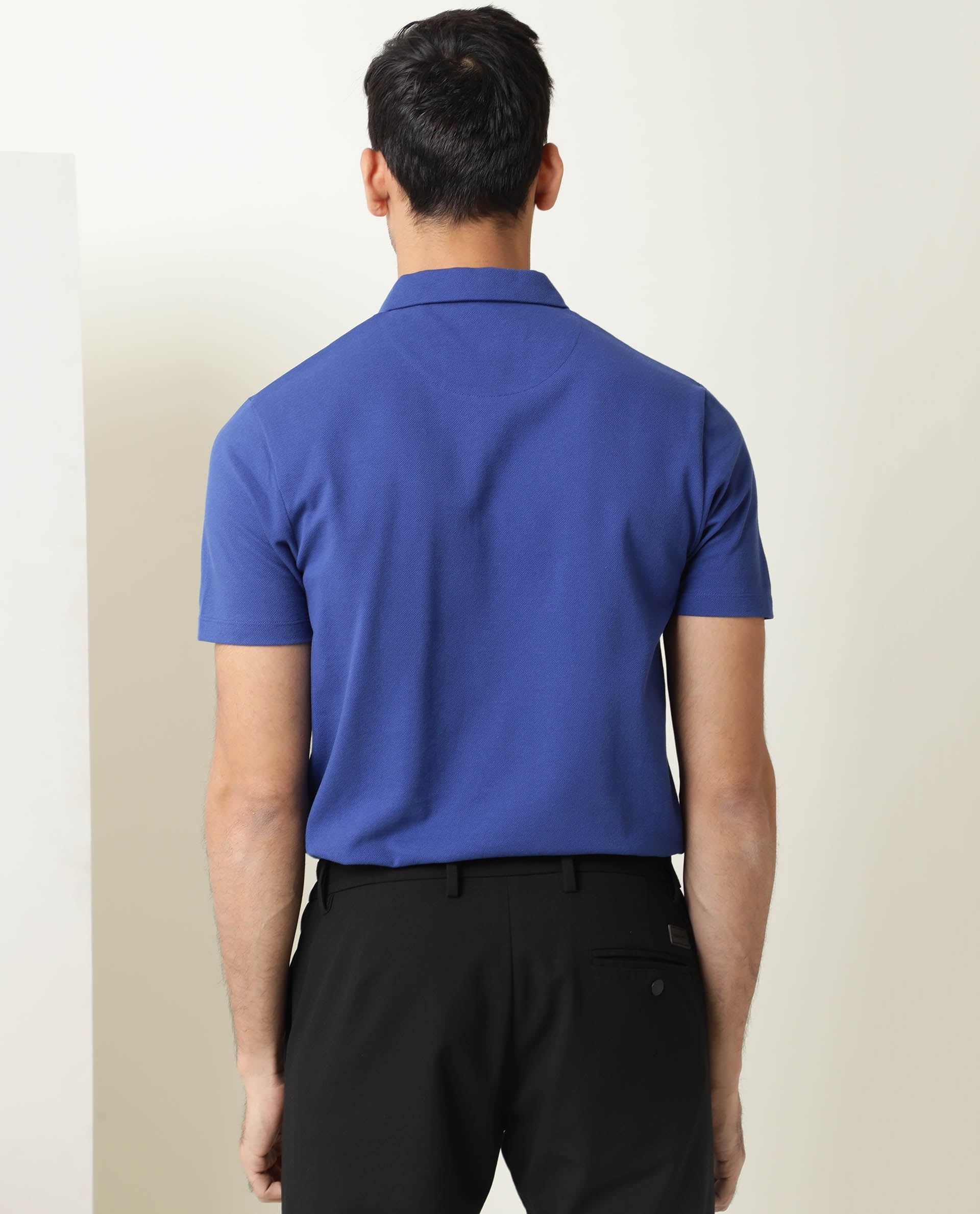 Rare Rabbit Men's Stel Fluorescent Blue Cotton Fabric Collared Neck Zipper Closure Half Sleeves Flat Knit Polo T-Shirt - view 4
